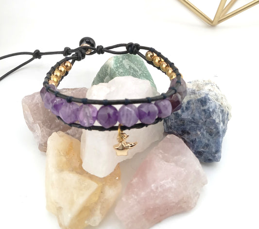 Gemstone Wrap Bracelet, handmade, Semi-Precious Stone Beads & Genuine Leather, 18k gold plated charm/ Chic Jewelry, Adjustable, Gift for Him & Her