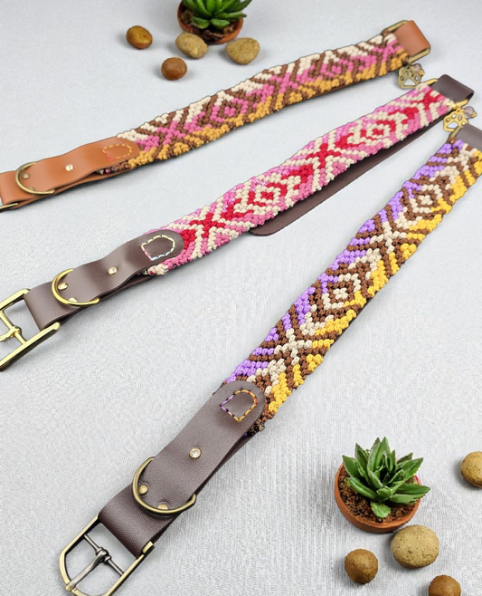 Designer Dog Collar, Unique Woven Dog Collar with Eco Leather, Ethnic Tribal design, Adjustable Large, 16" -19"(40.5-48cm) neck size, Wide variety of colors