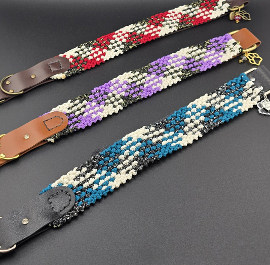 Designer Dog Collar, Handwoven, Decorative, Plaid, Modern design, PU leather, Large, 16" -19"(40.5-48cm) neck size, Handmade,Pet Accessory
