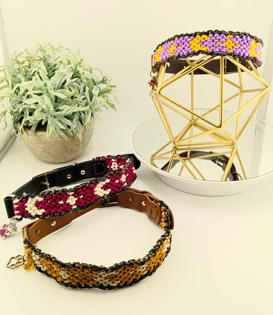 Designer Dog Collar, Handwoven, Decorative, Moon & Star, PU leather, Modern Design, Eco leather, Medium 14"-16"(35.5-40.5cm) neck size, Adjustable, Pet Accessory