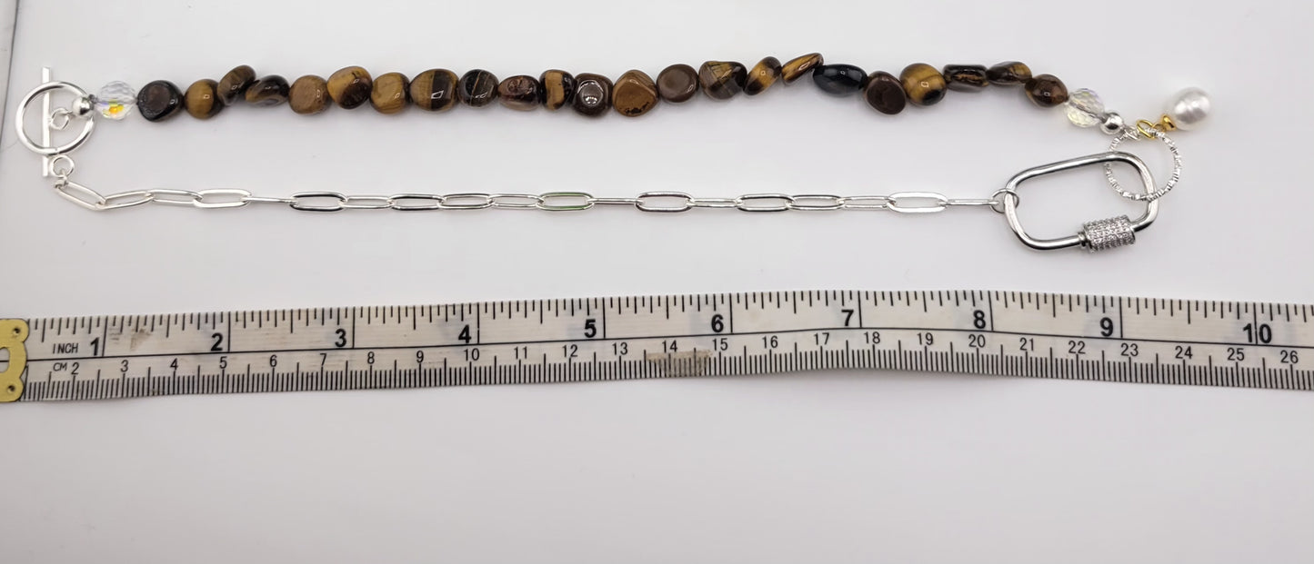 Half 18k Gold Plated Brass or Stainless Steel Silver Paperclip Chain Half Gemstone Necklace with Carabiner Clasp including two 18k gold plated brass Charms of your choice