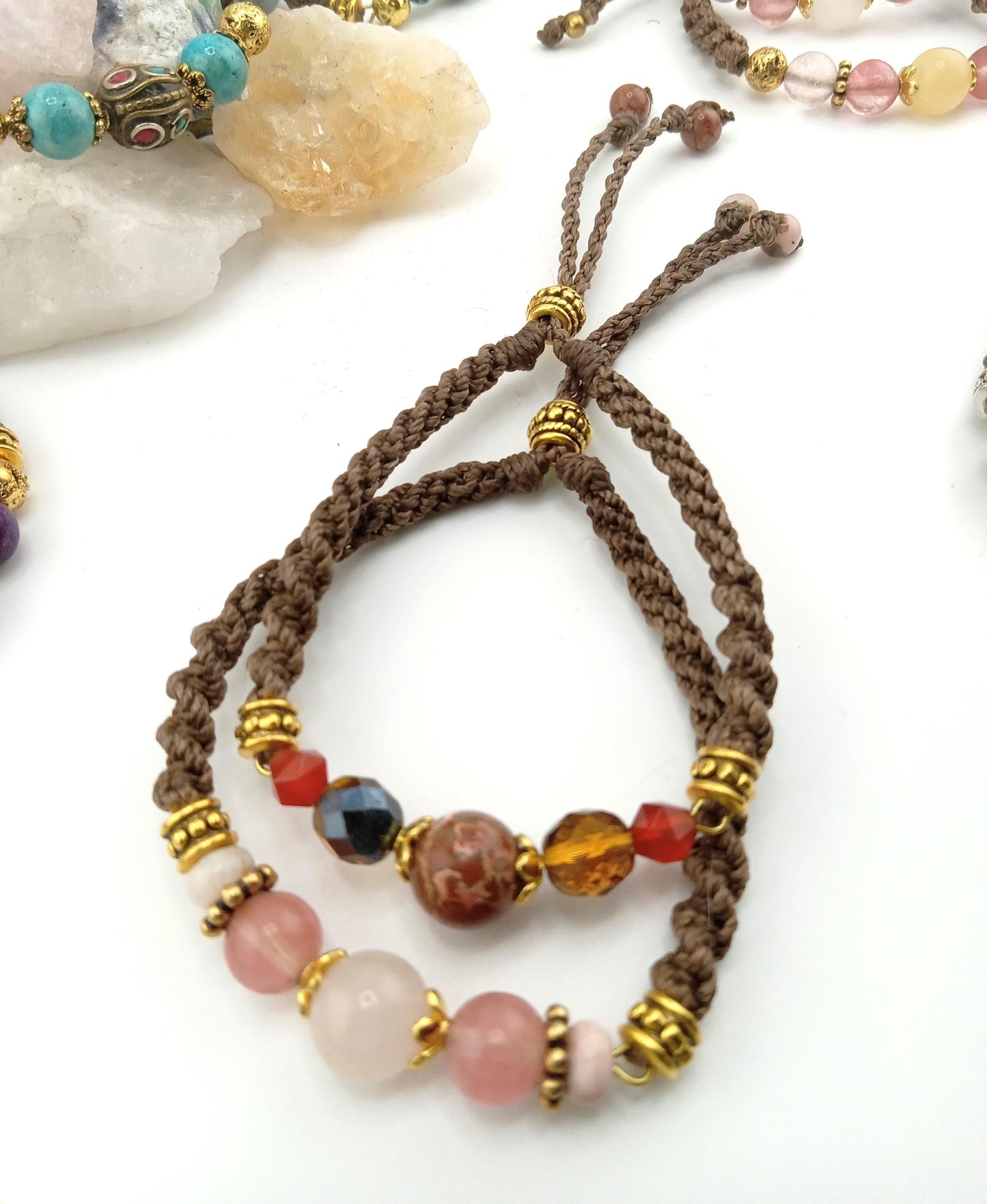 Gemstone Macrame Bracelet Jewelry, Made with genuine crystal beads, Adjustable Cord– Gift for Him & Her