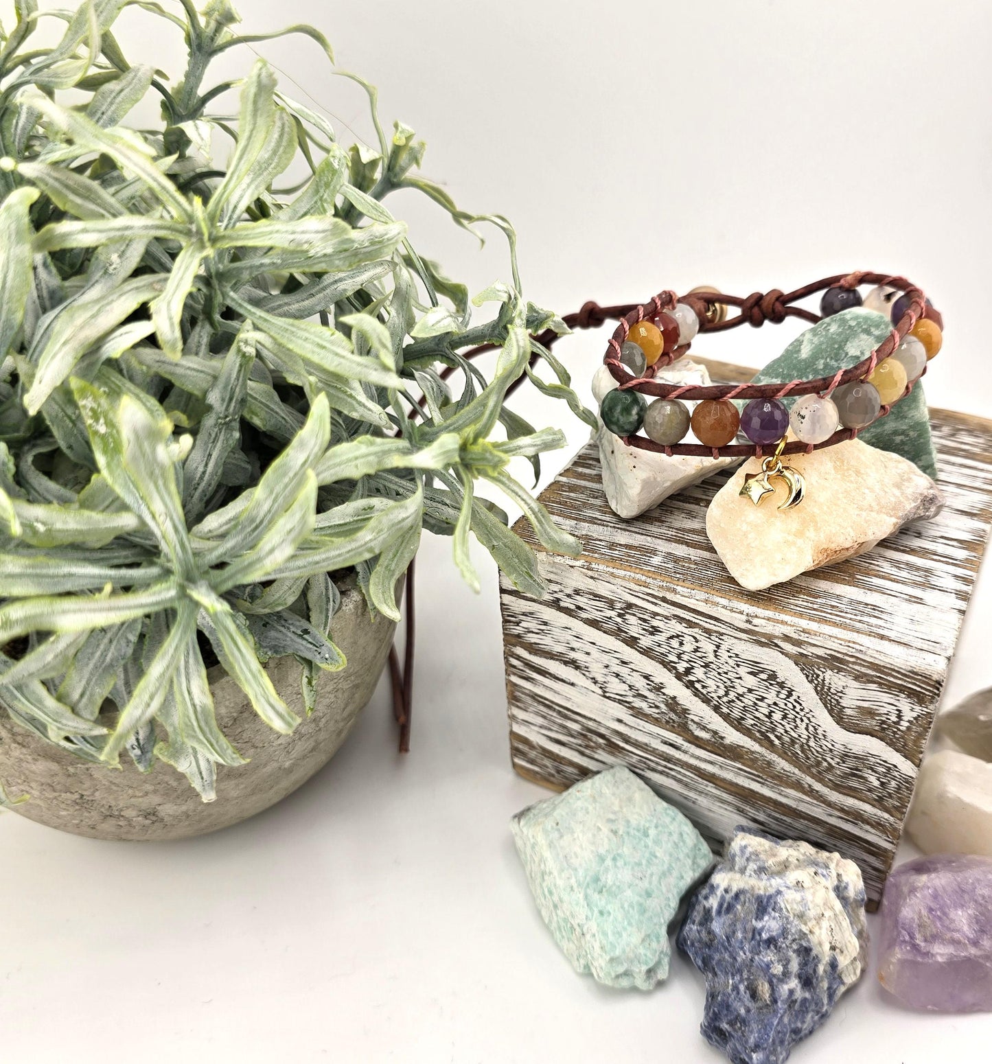 Gemstone Wrap Bracelet, handmade, Semi-Precious Stone Beads & Genuine Leather, 18k gold plated charm/ Chic Jewelry, Adjustable,  Gift for Him & Her