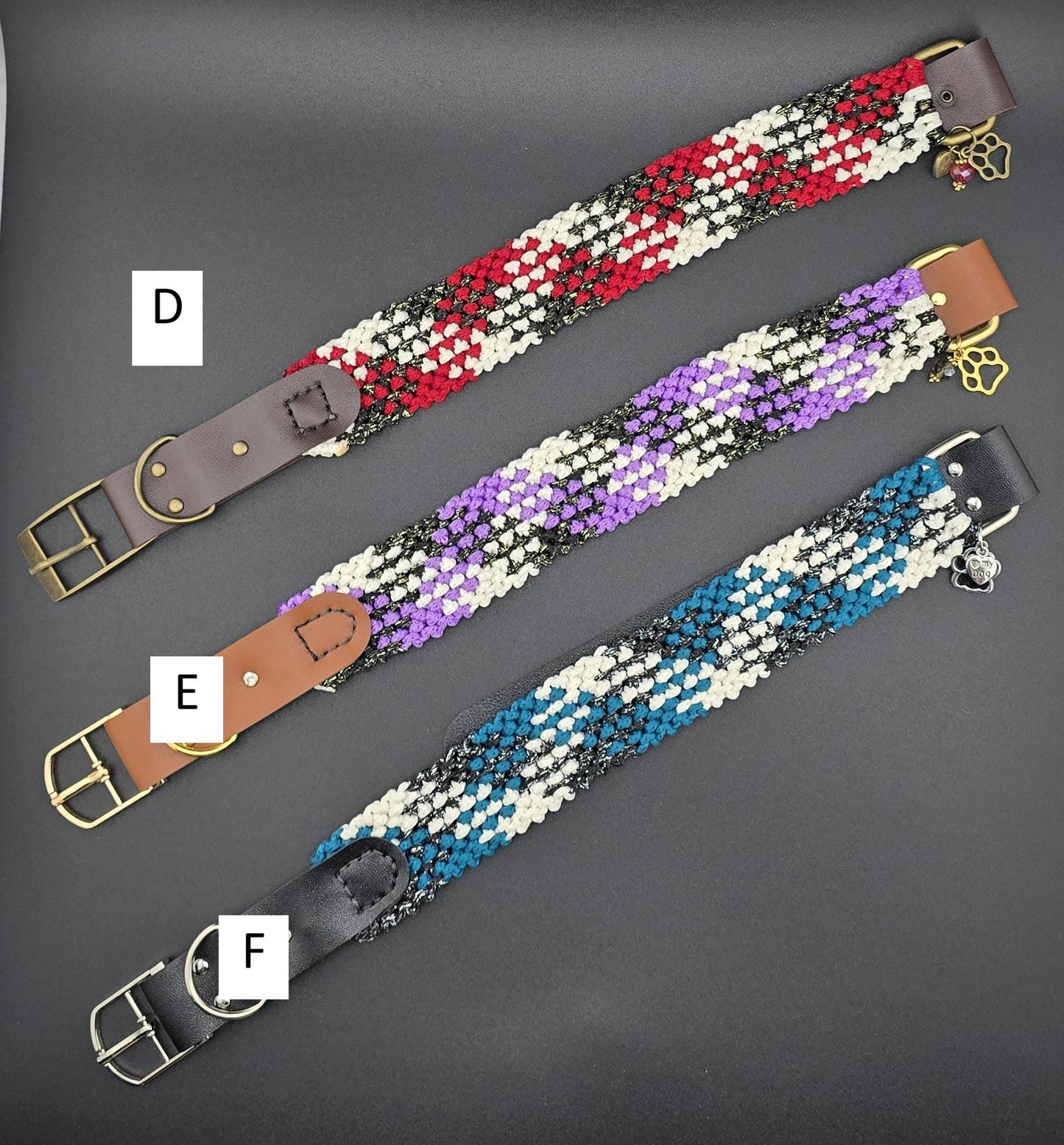 Designer Dog Collar, Unique Woven Dog Collar with Eco Leather, Plaid design,  Adjustable Large, 16" -19"(40.5-48cm) neck size, Wide variety of colors