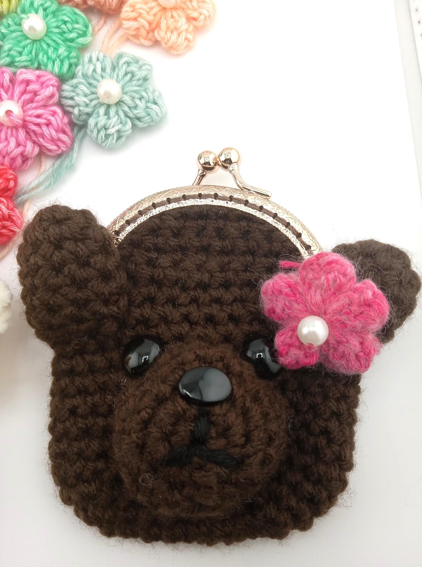 Amigurumi Bear Wallet – Handmade Polar Bear Coin Purse with Flower & Pearl – Cute Crochet Wallet Gift