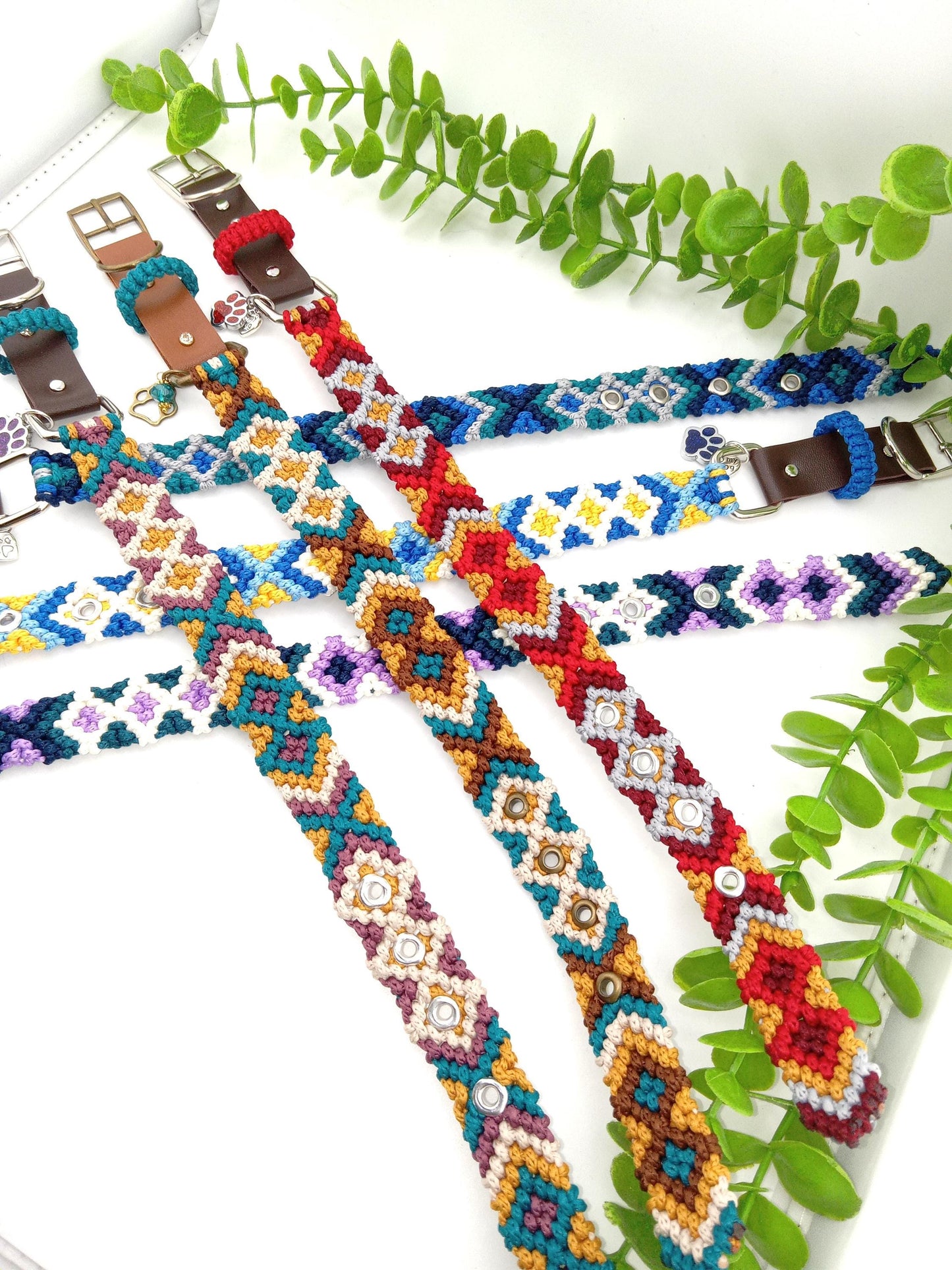 Designer Dog Collar, Unique Woven Dog Collar with Eco Leather, Ethnic Aztec design, Adjustable Small 12"-14" (30.5-35.5cm) neck size, Wide variety of colors Available