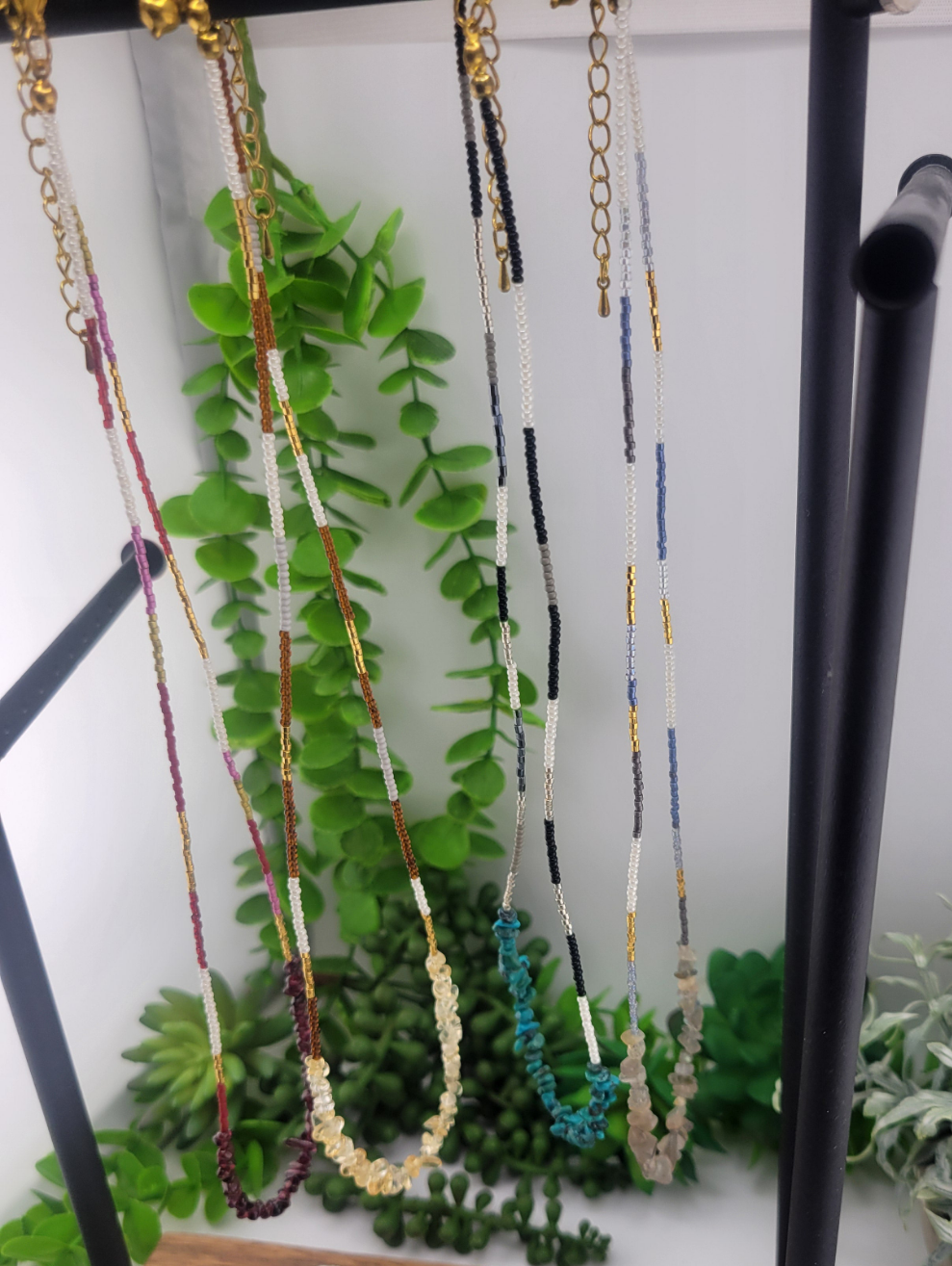 Chip Crystal Gemstone & Miyuki beads Necklace/ Bracelet 2 in 1, Adjustable Chain, Gold acorn charm