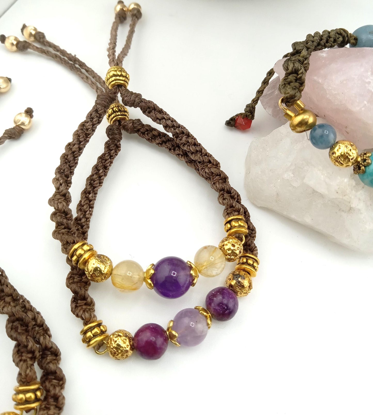 Gemstone Macrame Bracelet Jewelry, Made with genuine crystal beads, Adjustable Cord– Gift for Him & Her