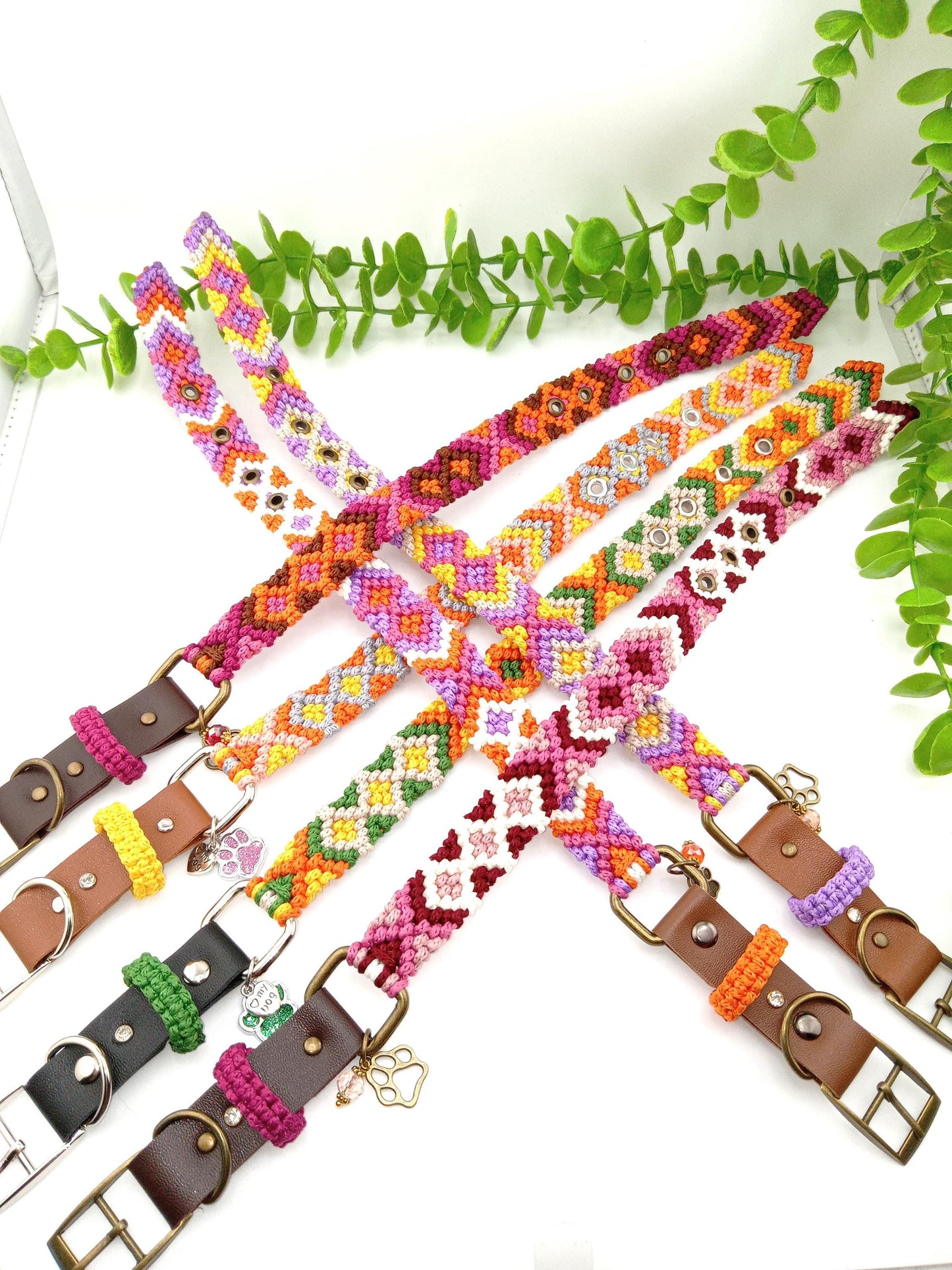 Designer Dog Collar, Unique Woven Dog Collar with Eco Leather, Ethnic Aztec design, Adjustable Small 12"-14" (30.5-35.5cm) neck size, Wide variety of colors Available