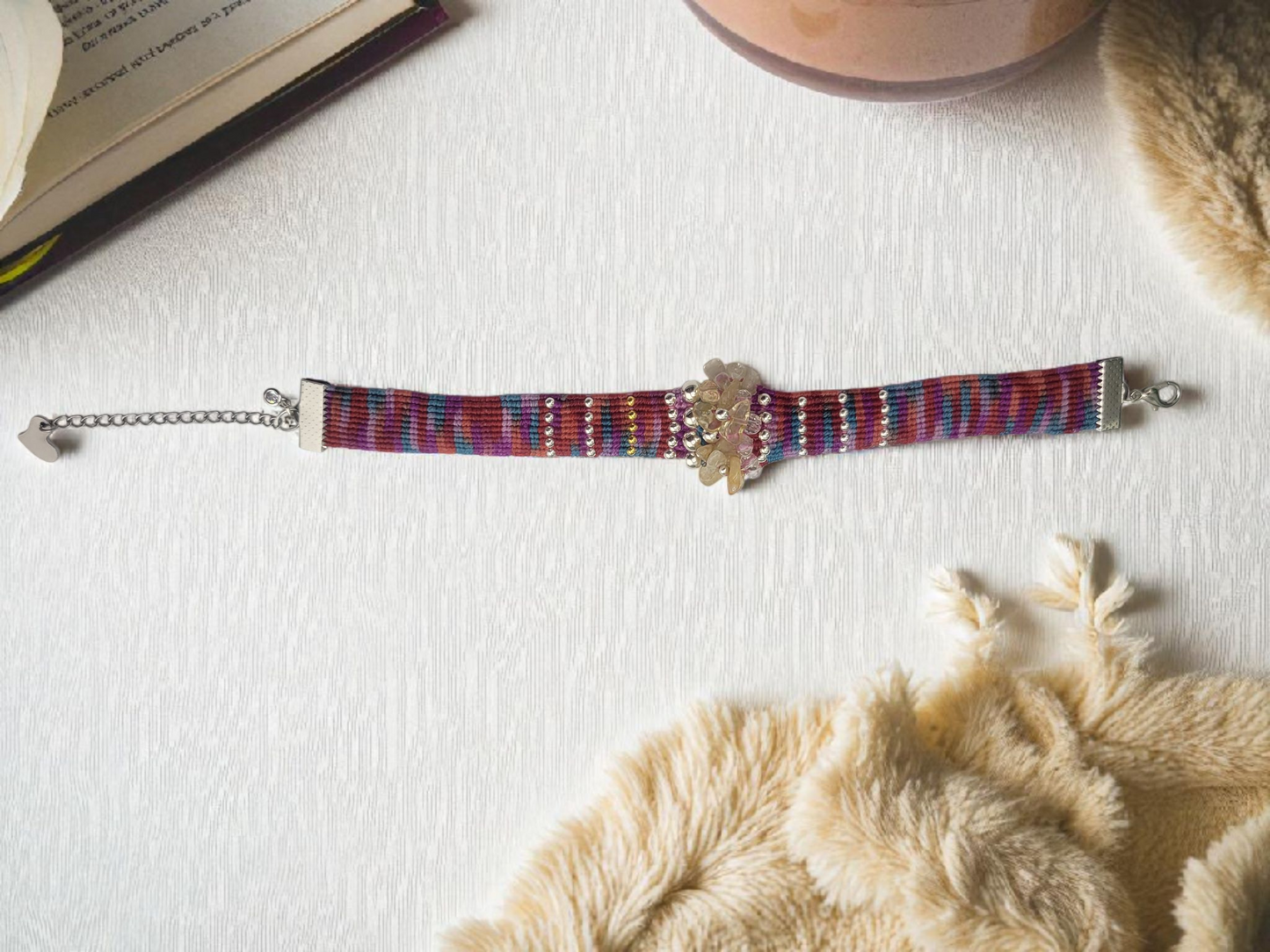 Multicolored beaded woven bracelet with genuine gemstones and 18k gold plated metal beads and clasps, Adjustable Chain. The length 7.5"-9".