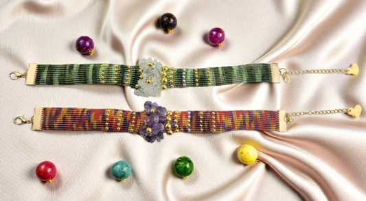 Multicolored beaded woven bracelet with genuine gemstones and 18k gold plated metal beads and clasps, Adjustable Chain. The length 7.5"-9".