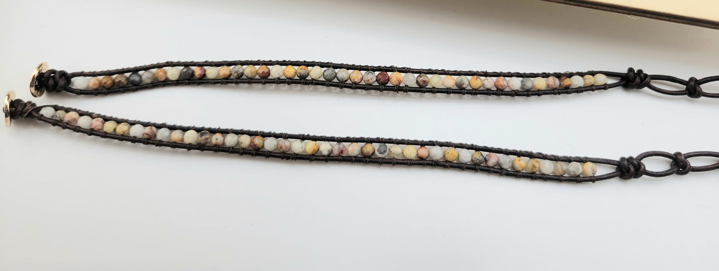 Gemstone Wrap Bracelet, handmade, Semi-Precious Stone Beads & Genuine Leather, 18k gold plated charm/ Chic Jewelry, Adjustable,  Gift for Him & Her