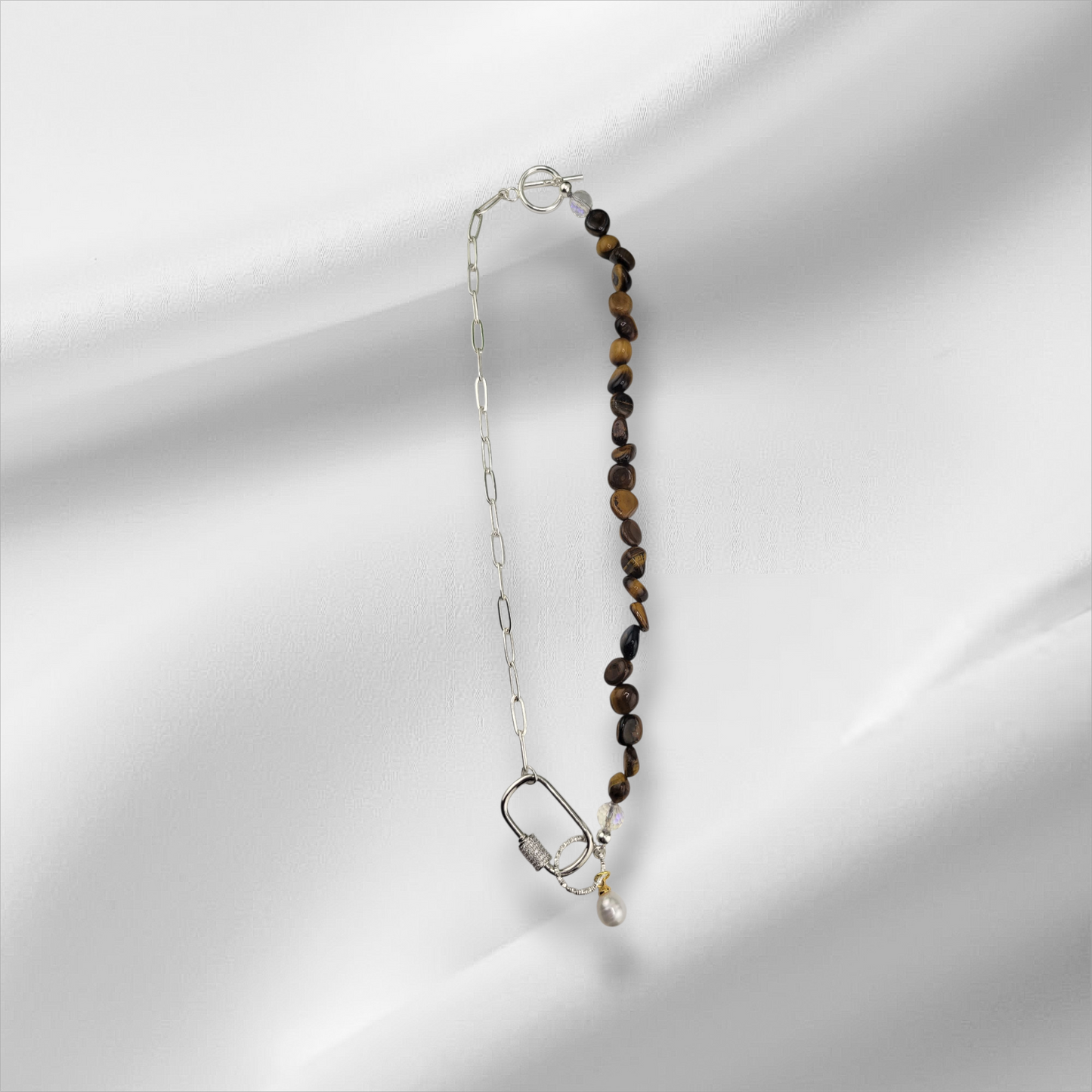 Half 18k Gold Plated Brass or Stainless Steel Silver Paperclip Chain Half Gemstone Necklace with Carabiner Clasp including two 18k gold plated brass Charms of your choice