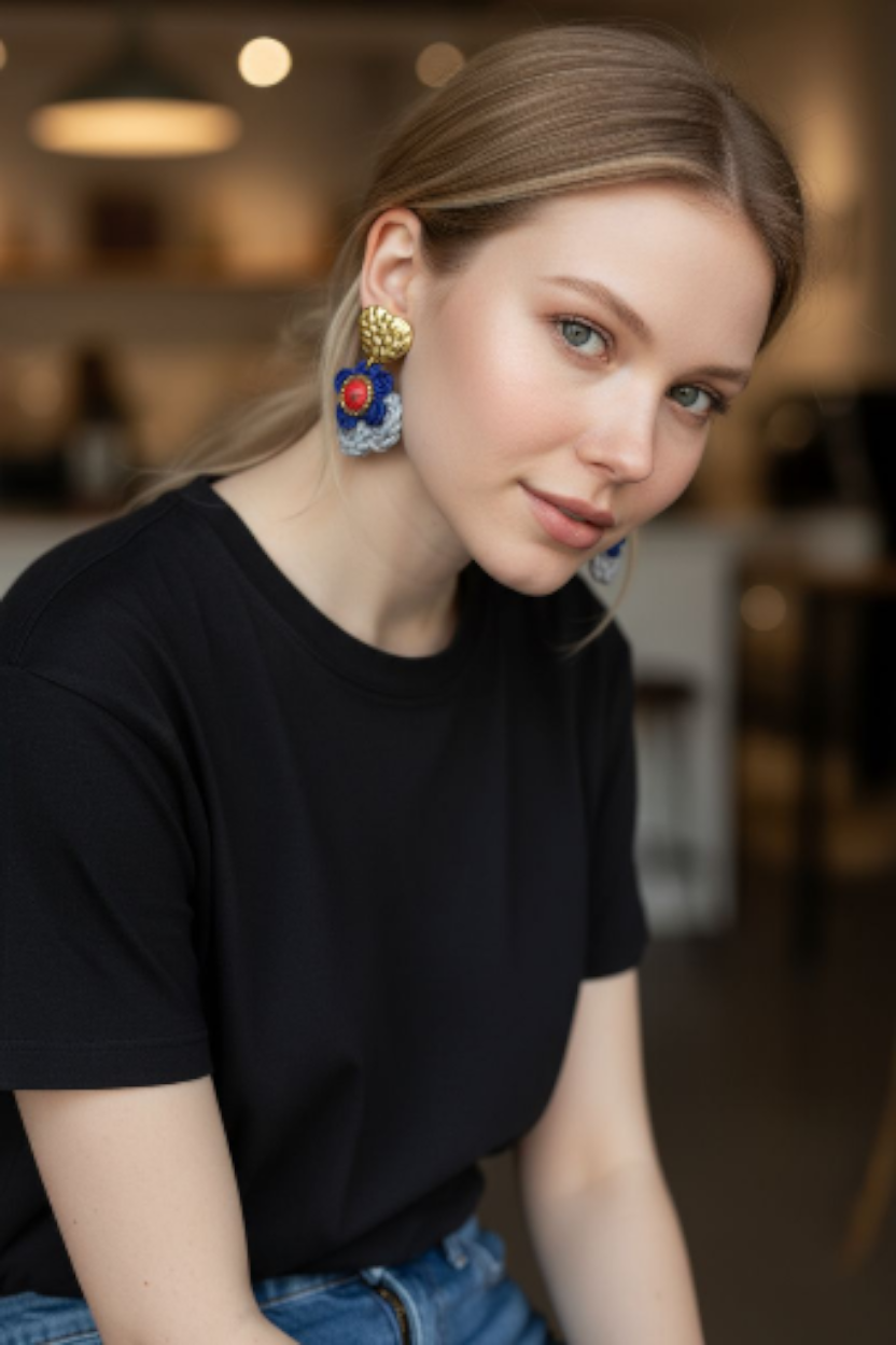 Handmade Bohemian-style Crochet Flower Earrings with a mixed colored stone center, attached to hammered 18k gold plated metal earring top