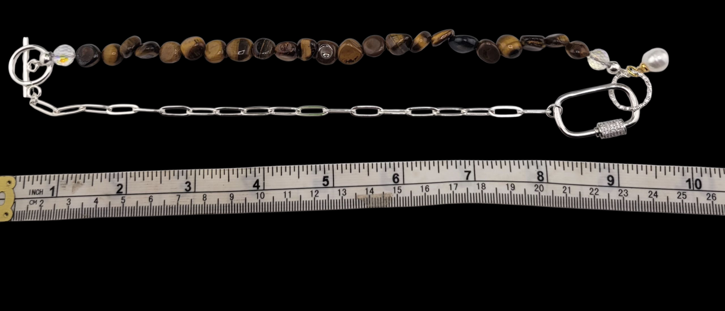 Half 18k Gold Plated Brass or Stainless Steel Silver Paperclip Chain Half Gemstone Necklace with Carabiner Clasp including two 18k gold plated brass Charms of your choice