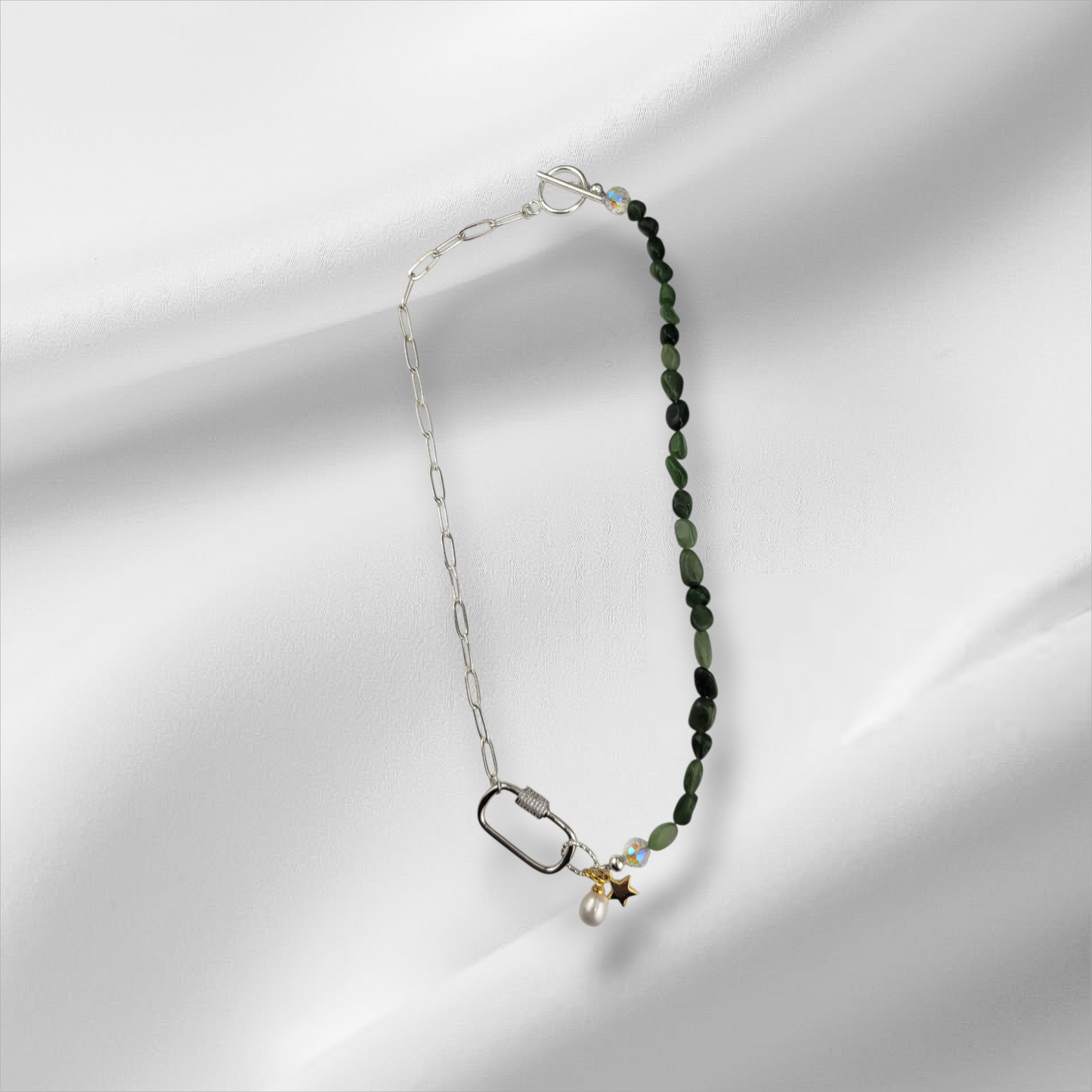 Half 18k Gold Plated Brass or Stainless Steel Silver Paperclip Chain Half Gemstone Necklace with Carabiner Clasp including two 18k gold plated brass Charms of your choice