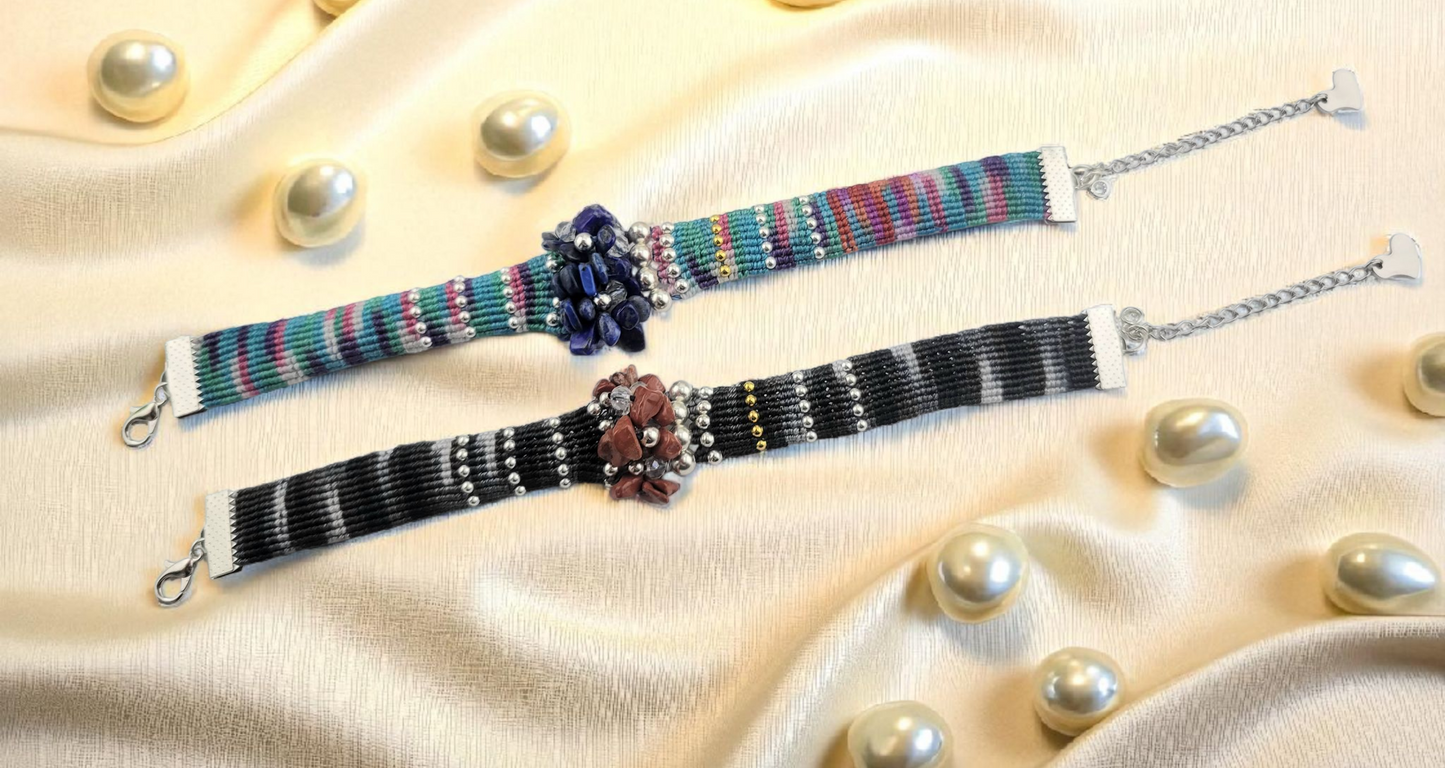 Multicolored beaded woven bracelet with genuine gemstones and 18k gold plated metal beads and clasps, Adjustable Chain. The length 7.5"-9".
