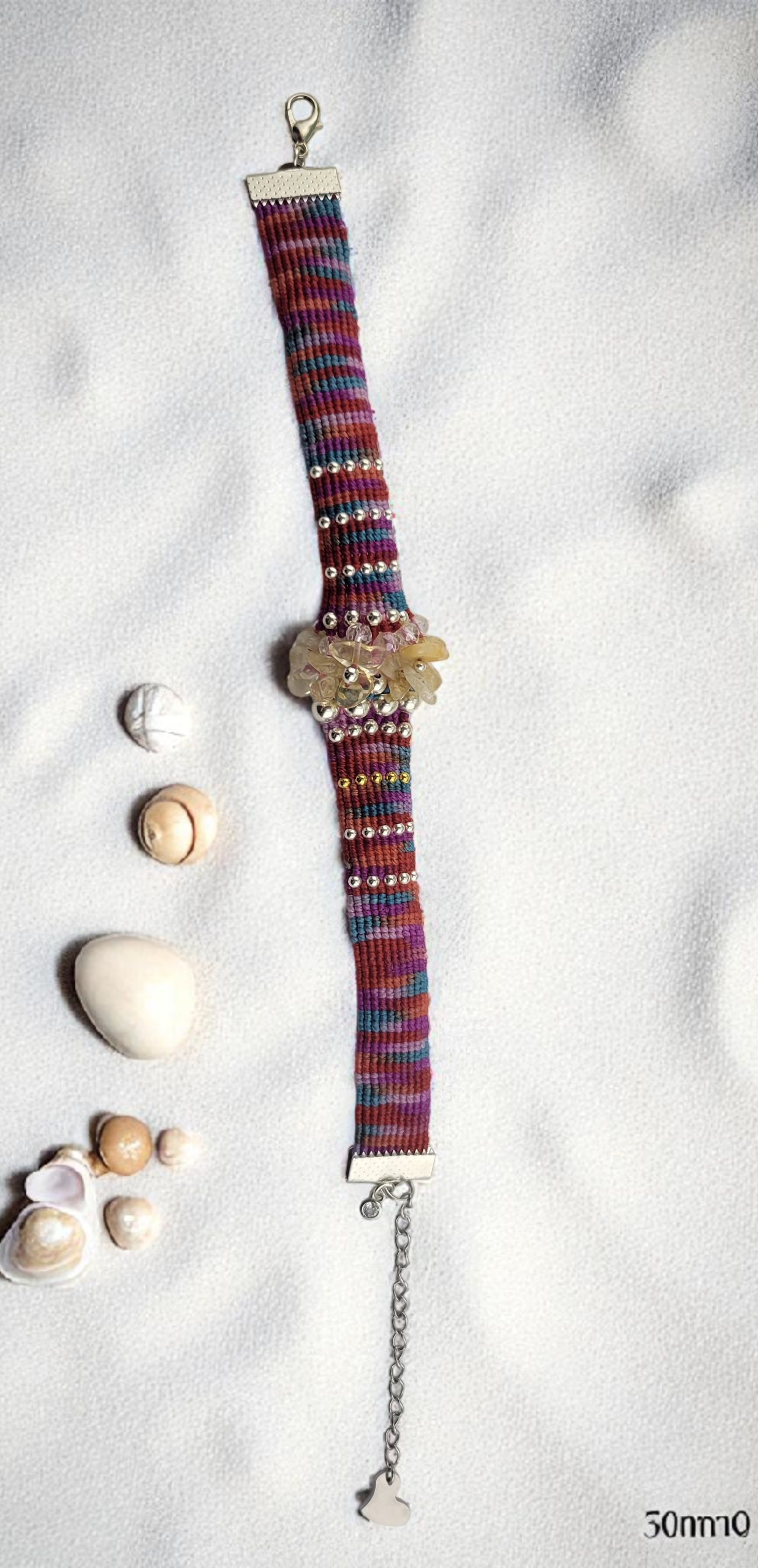 Multicolored beaded woven bracelet with genuine gemstones and 18k gold plated metal beads and clasps, Adjustable Chain. The length 7.5"-9".