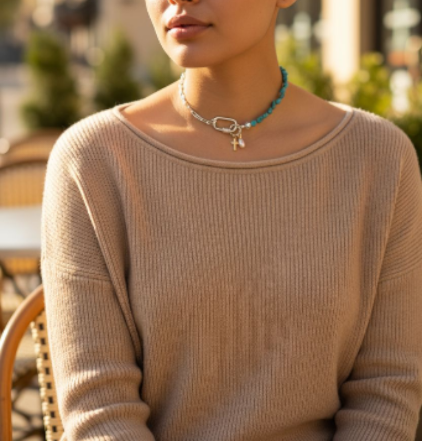 Half 18k Gold Plated Brass or Stainless Steel Silver Paperclip Chain Half Gemstone Necklace with Carabiner Clasp including two 18k gold plated brass Charms of your choice