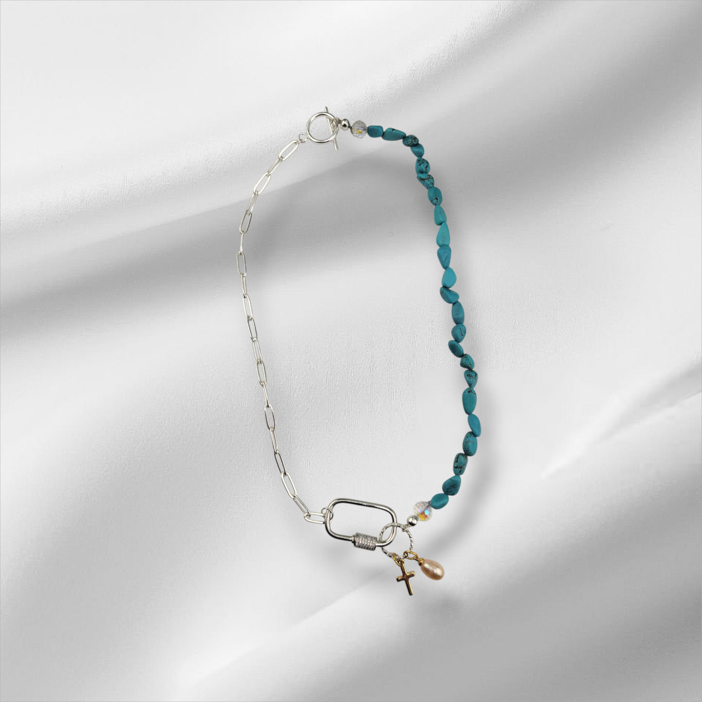 Half 18k Gold Plated Brass or Stainless Steel Silver Paperclip Chain Half Gemstone Necklace with Carabiner Clasp including two 18k gold plated brass Charms of your choice