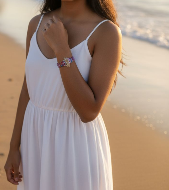 Multicolored beaded woven bracelet with genuine gemstones and 18k gold plated metal beads and clasps, Adjustable Chain. The length 7.5"-9".