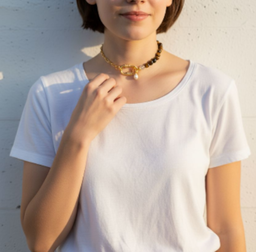 Half 18k Gold Plated Brass or Stainless Steel Silver Paperclip Chain Half Gemstone Necklace with Carabiner Clasp including two 18k gold plated brass Charms of your choice