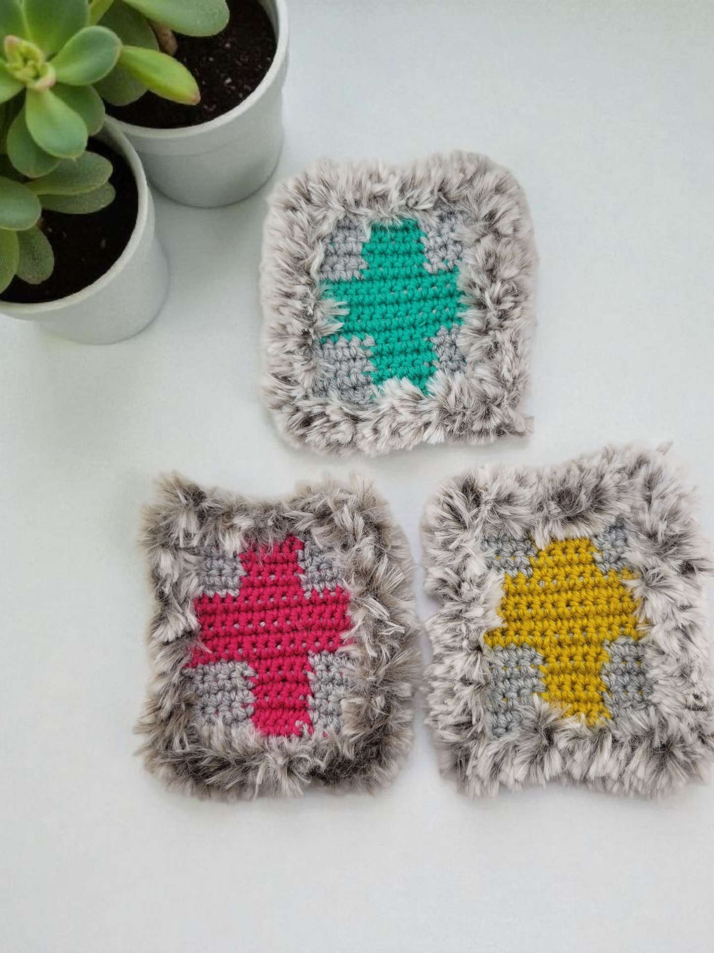 Fluffy Crochet Square Coaster, Set of Three