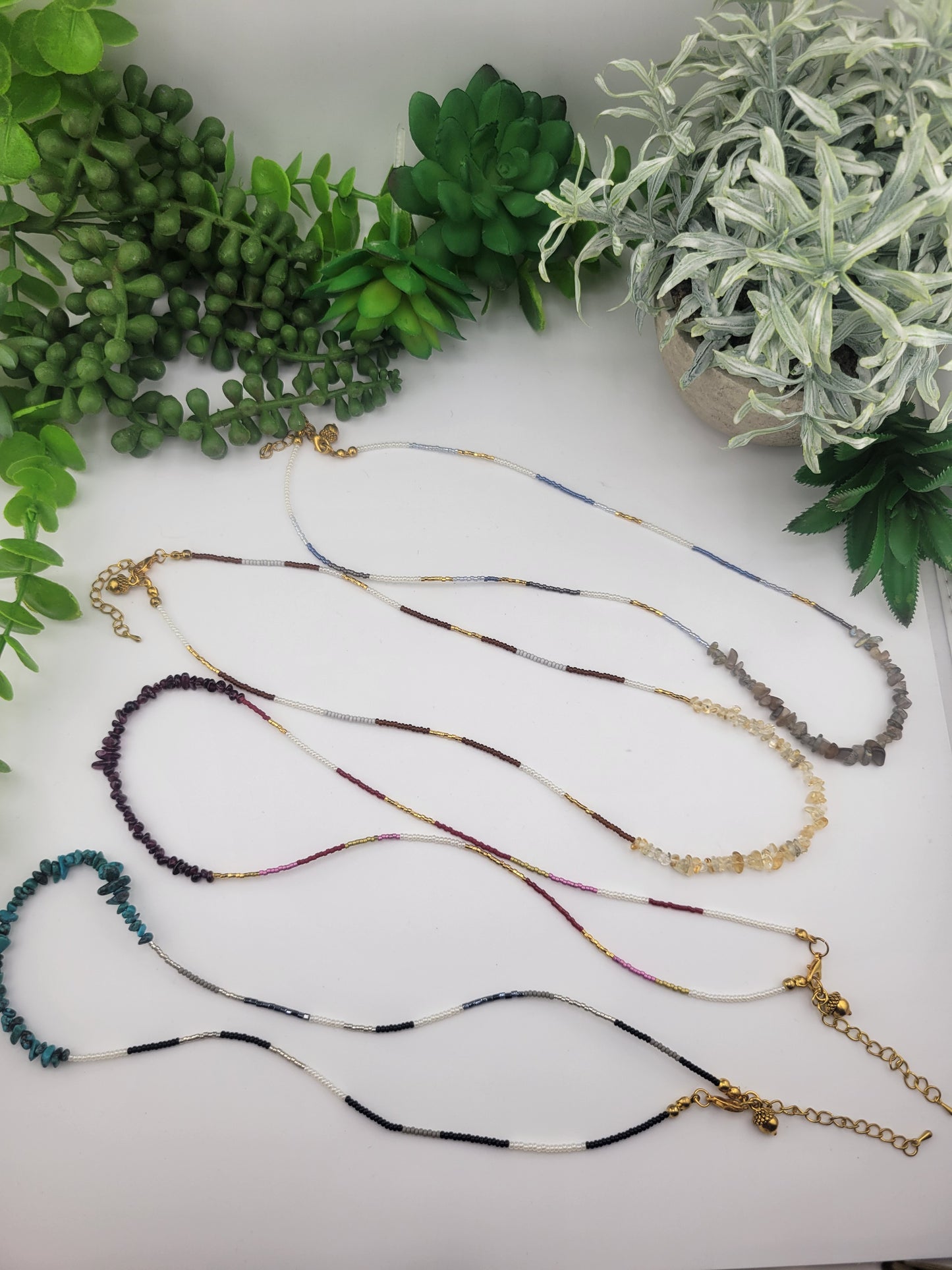 Chip Crystal Gemstone & Miyuki beads Necklace/ Bracelet 2 in 1, Adjustable Chain, Gold acorn charm