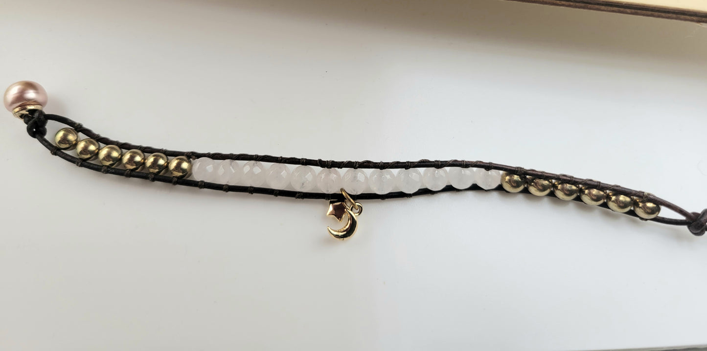 Gemstone Wrap Bracelet, handmade, Semi-Precious Stone Beads & Genuine Leather, 18k gold plated charm/ Chic Jewelry, Adjustable,  Gift for Him & Her