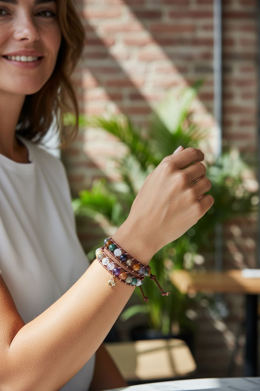 Gemstone Wrap Bracelet, handmade, Semi-Precious Stone Beads & Genuine Leather, 18k gold plated charm/ Chic Jewelry, Adjustable,  Gift for Him & Her