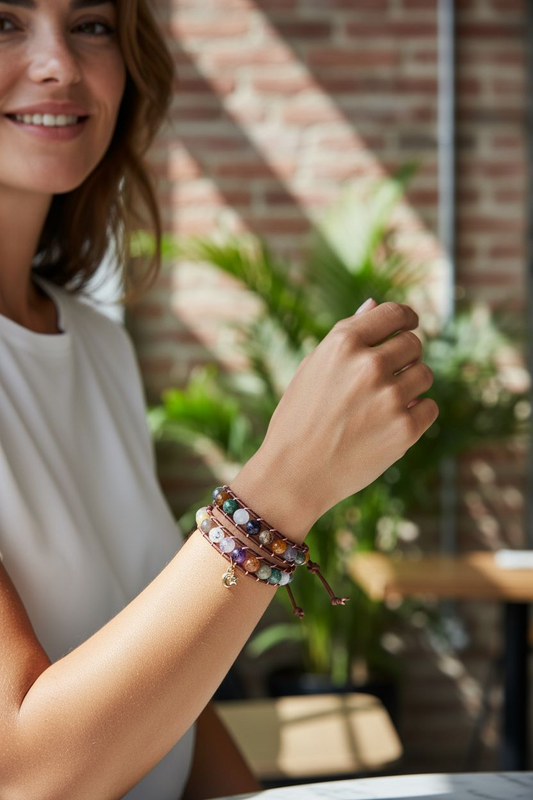 Gemstone Wrap Bracelet, handmade, Semi-Precious Stone Beads & Genuine Leather, 18k gold plated charm/ Chic Jewelry, Adjustable,  Gift for Him & Her