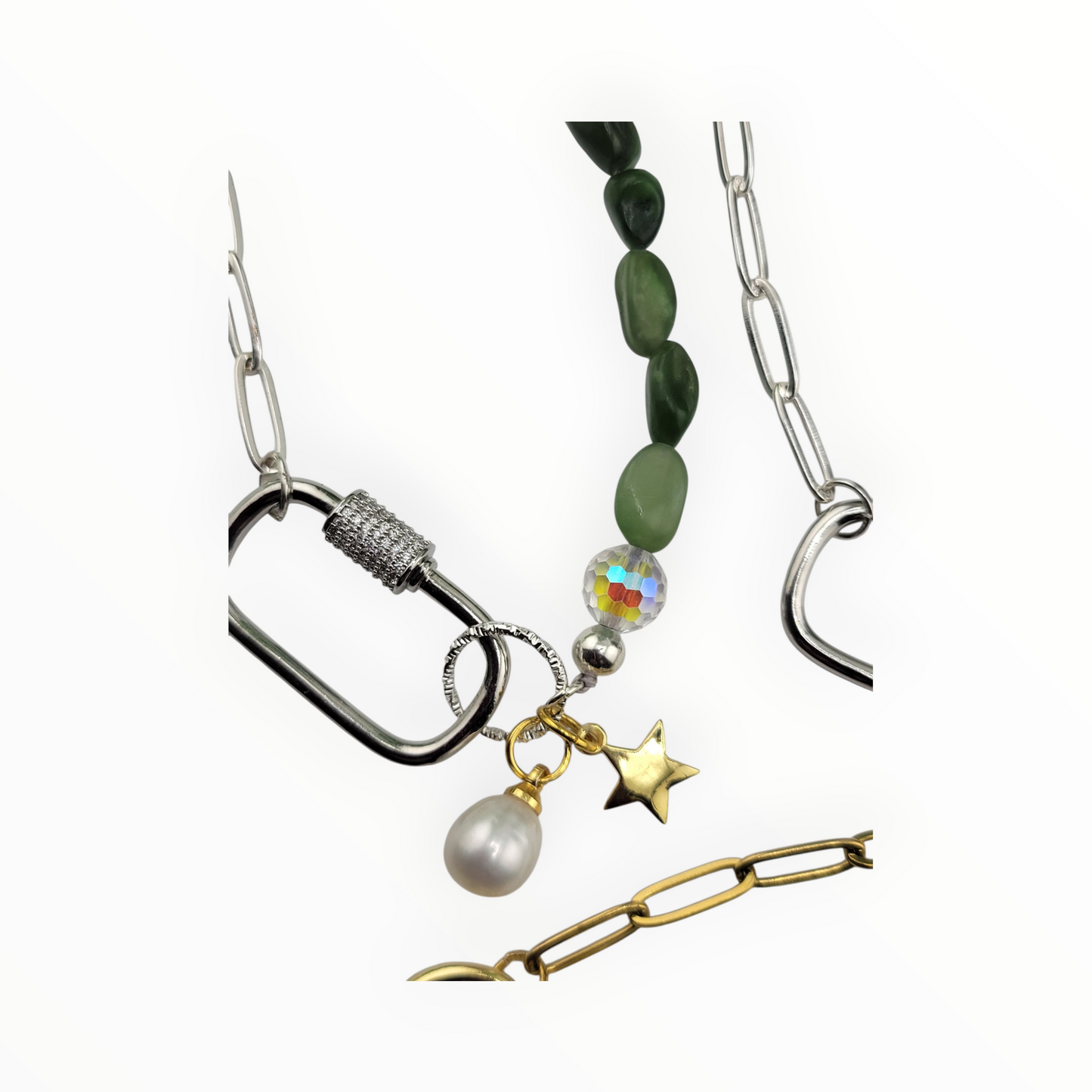 Half 18k Gold Plated Brass or Stainless Steel Silver Paperclip Chain Half Gemstone Necklace with Carabiner Clasp including two 18k gold plated brass Charms of your choice