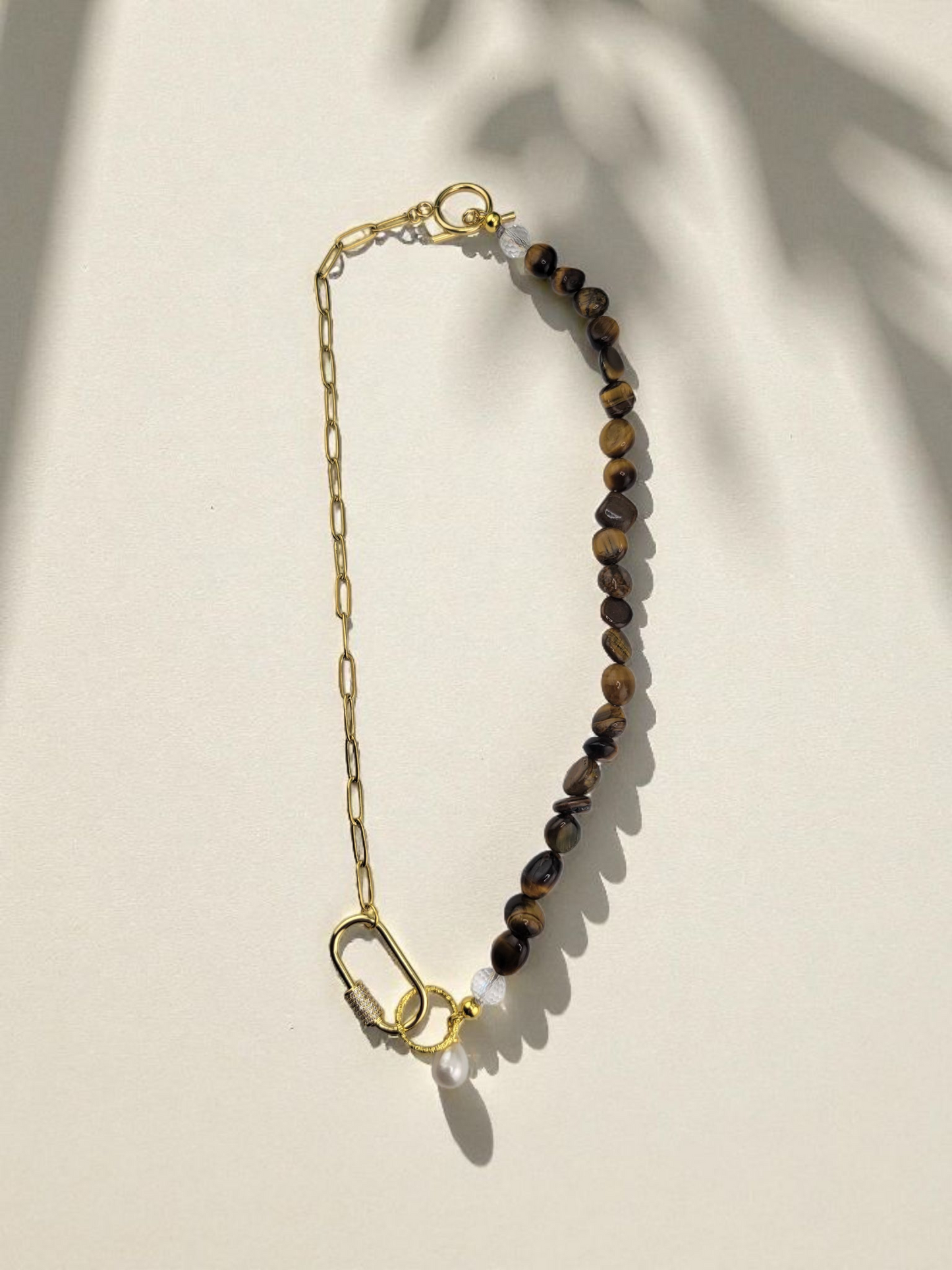 Half 18k Gold Plated Brass or Stainless Steel Silver Paperclip Chain Half Gemstone Necklace with Carabiner Clasp including two 18k gold plated brass Charms of your choice