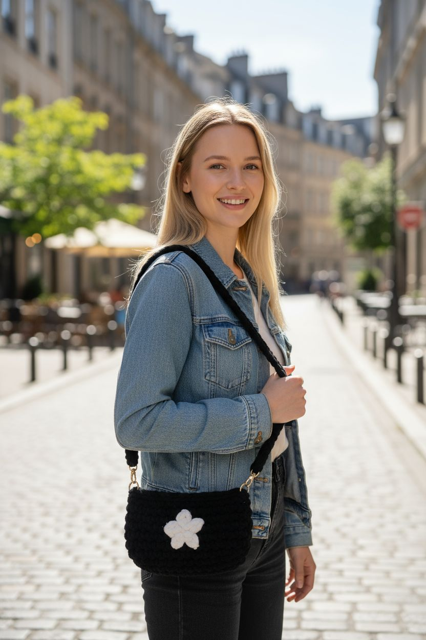 Crochet Purse, Shoulder bag, Adjustable Strap 29"-60"(73-150cm), Detachable Strap, Length 8"(20cm) Width 5.5"(15cm), Star design, tassel with wooden bead