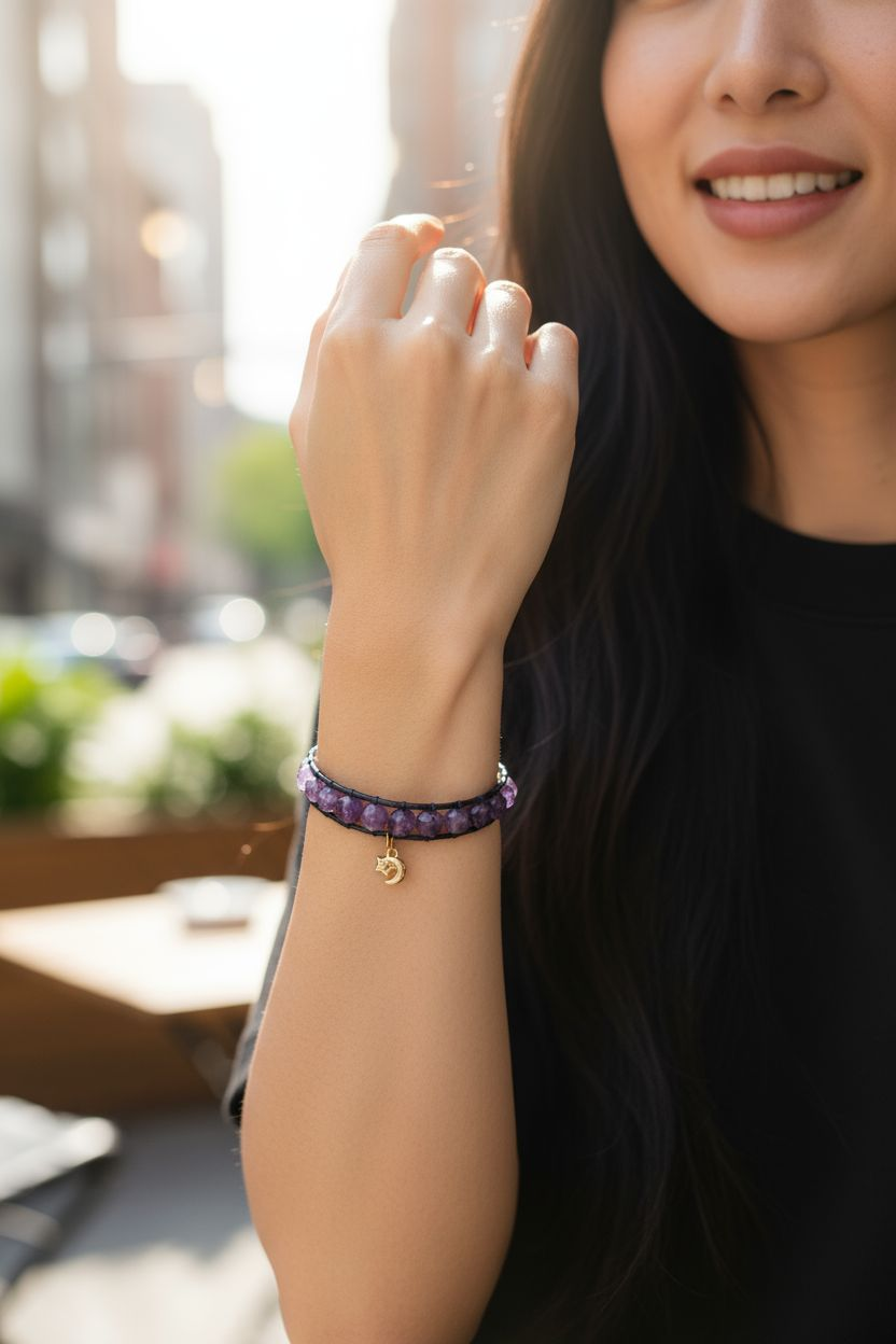 Gemstone Wrap Bracelet, handmade, Semi-Precious Stone Beads & Genuine Leather, 18k gold plated charm/ Chic Jewelry, Adjustable,  Gift for Him & Her