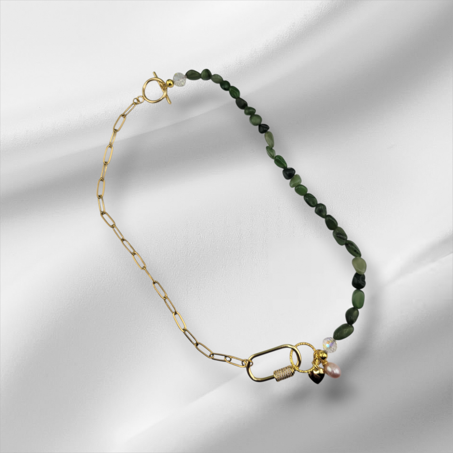 Half 18k Gold Plated Brass or Stainless Steel Silver Paperclip Chain Half Gemstone Necklace with Carabiner Clasp including two 18k gold plated brass Charms of your choice