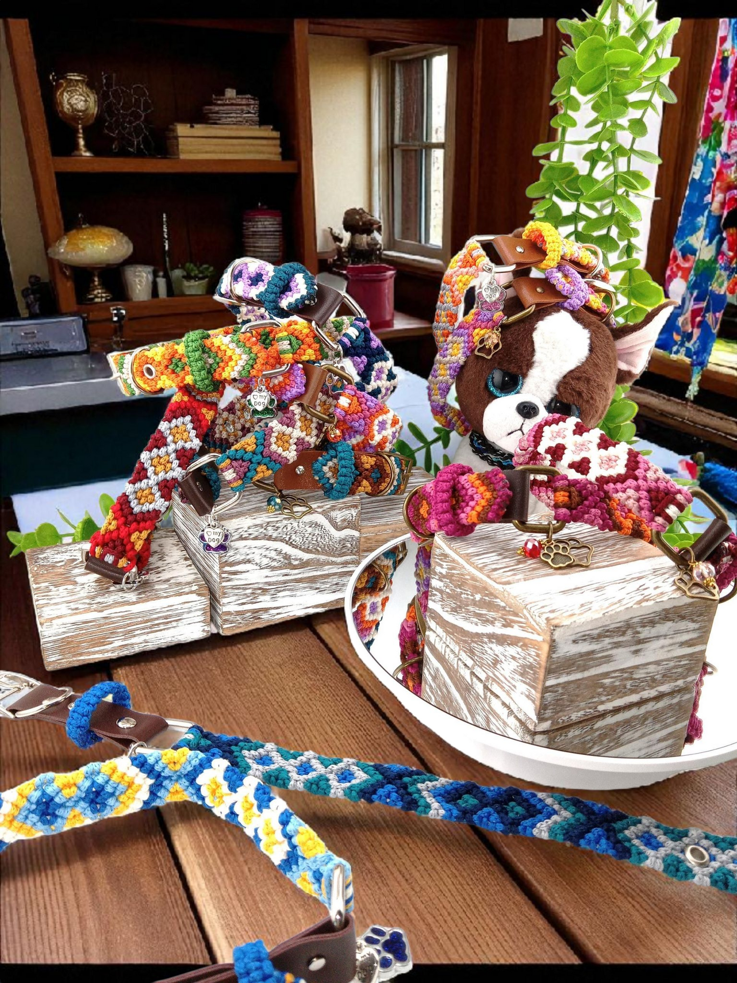 Designer Dog Collar, Unique Woven Dog Collar with Eco Leather, Ethnic Aztec design, Adjustable Small 12"-14" (30.5-35.5cm) neck size, Wide variety of colors Available