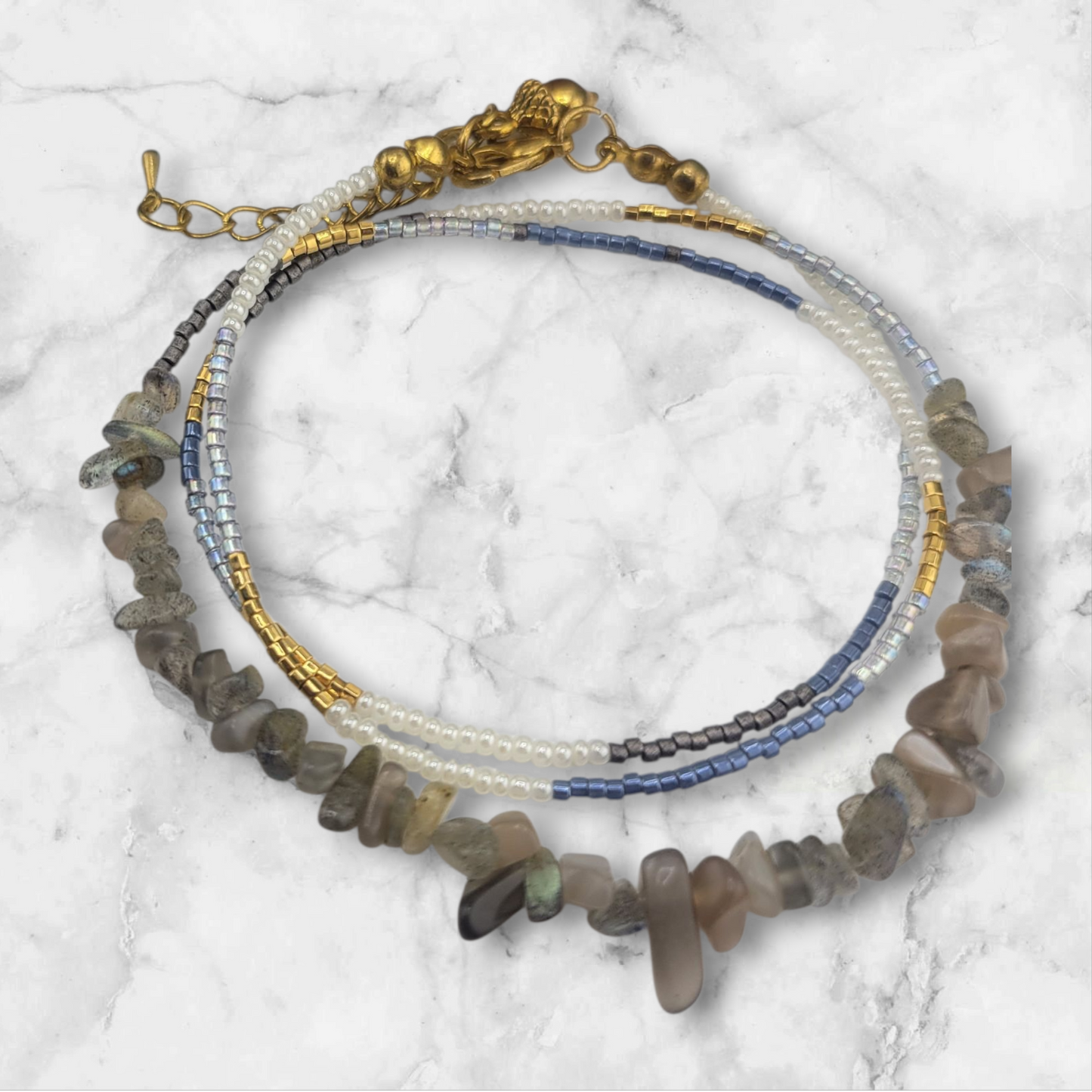 Chip Crystal Gemstone & Miyuki beads Necklace/ Bracelet 2 in 1, Adjustable Chain, Gold acorn charm