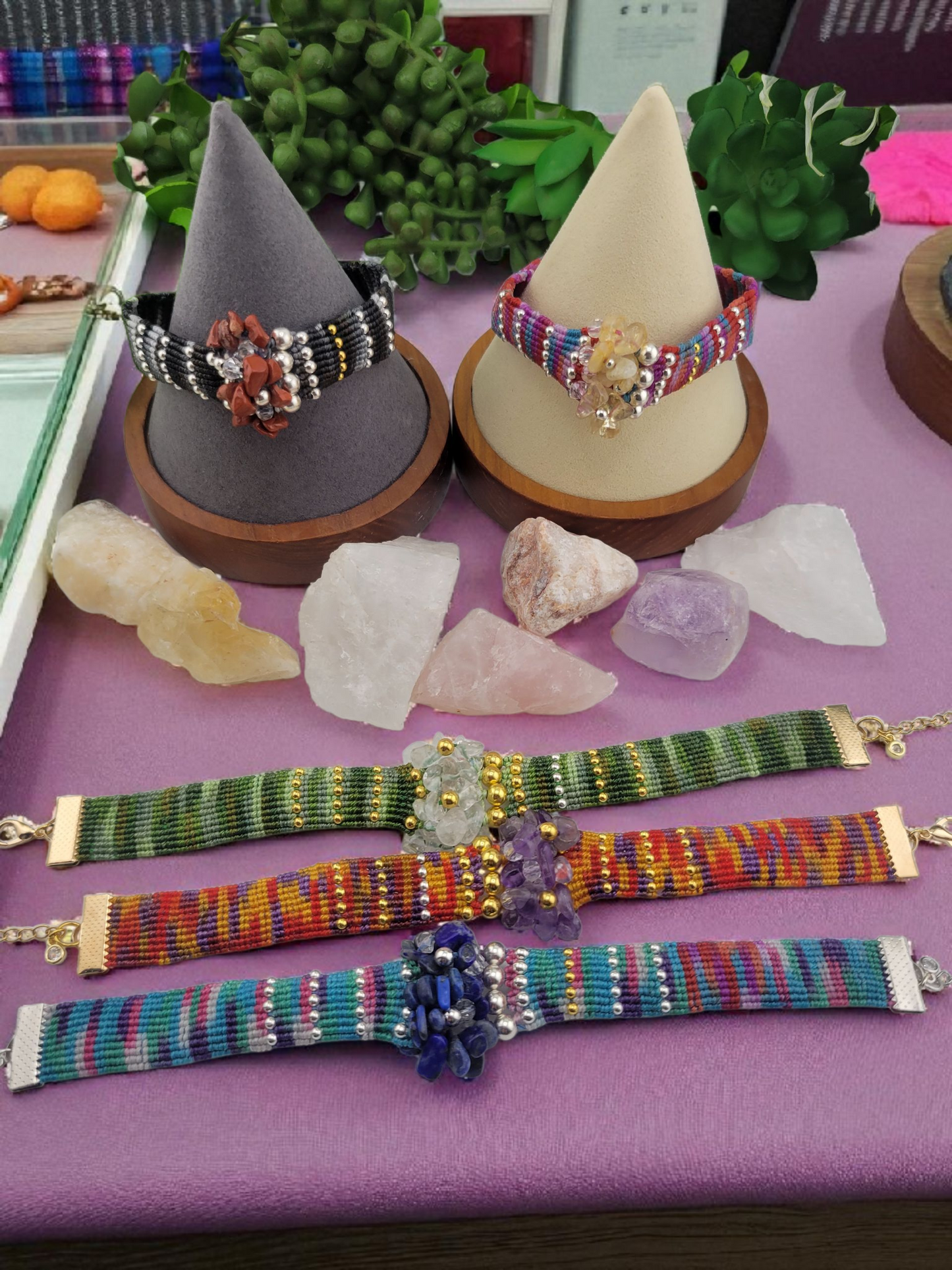 Multicolored beaded woven bracelet with genuine gemstones and 18k gold plated metal beads and clasps, Adjustable Chain. The length 7.5"-9".