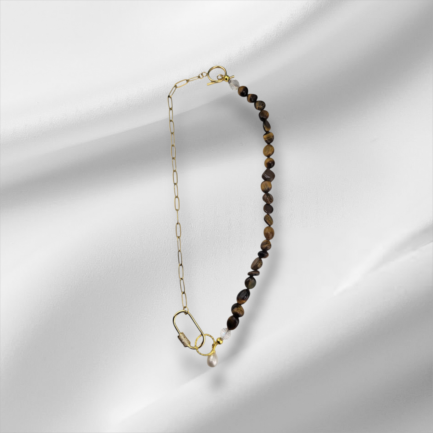 Half 18k Gold Plated Brass or Stainless Steel Silver Paperclip Chain Half Gemstone Necklace with Carabiner Clasp including two 18k gold plated brass Charms of your choice