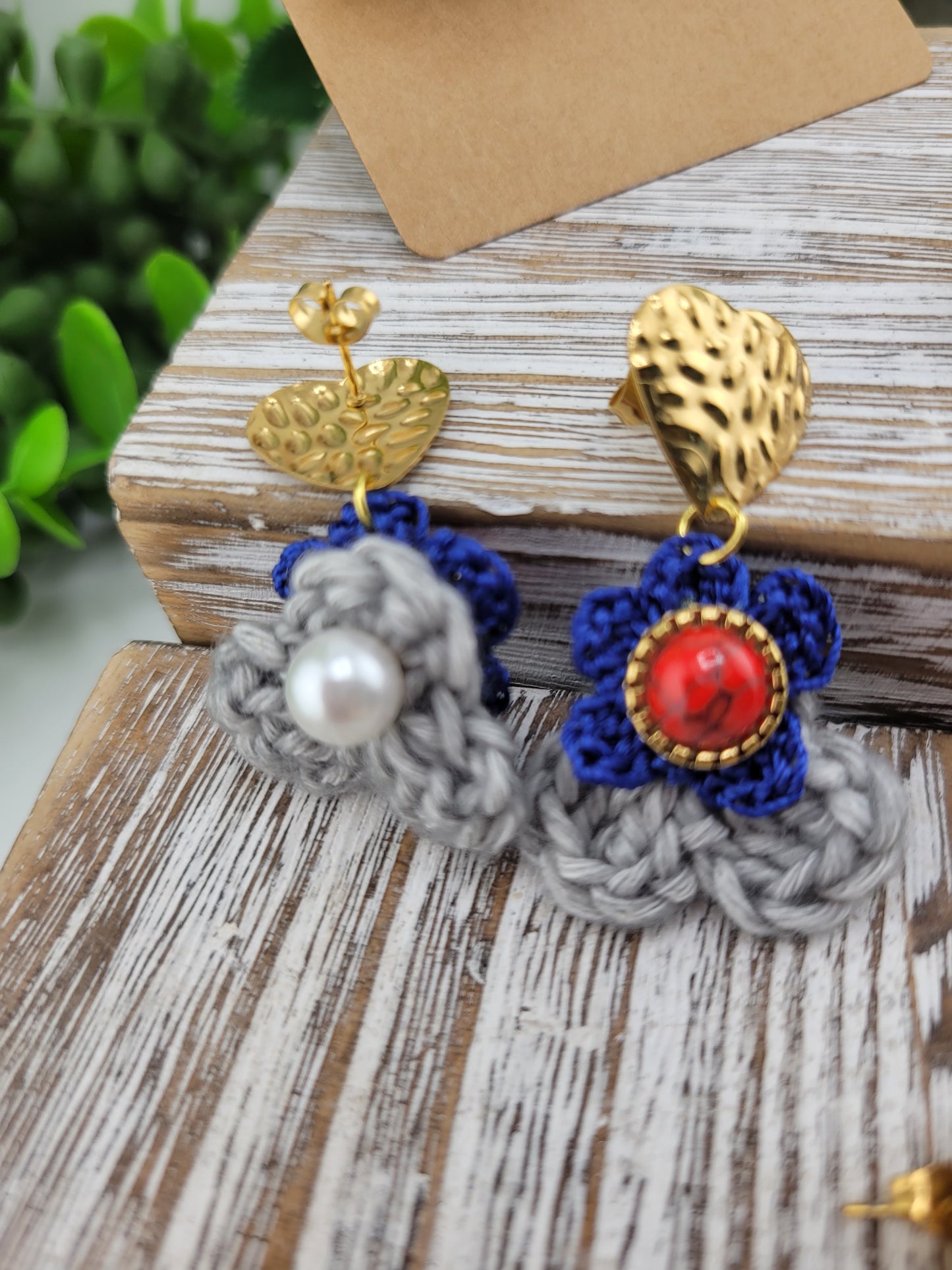Handmade Bohemian-style Crochet Flower Earrings with a mixed colored stone center, attached to hammered 18k gold plated metal earring top
