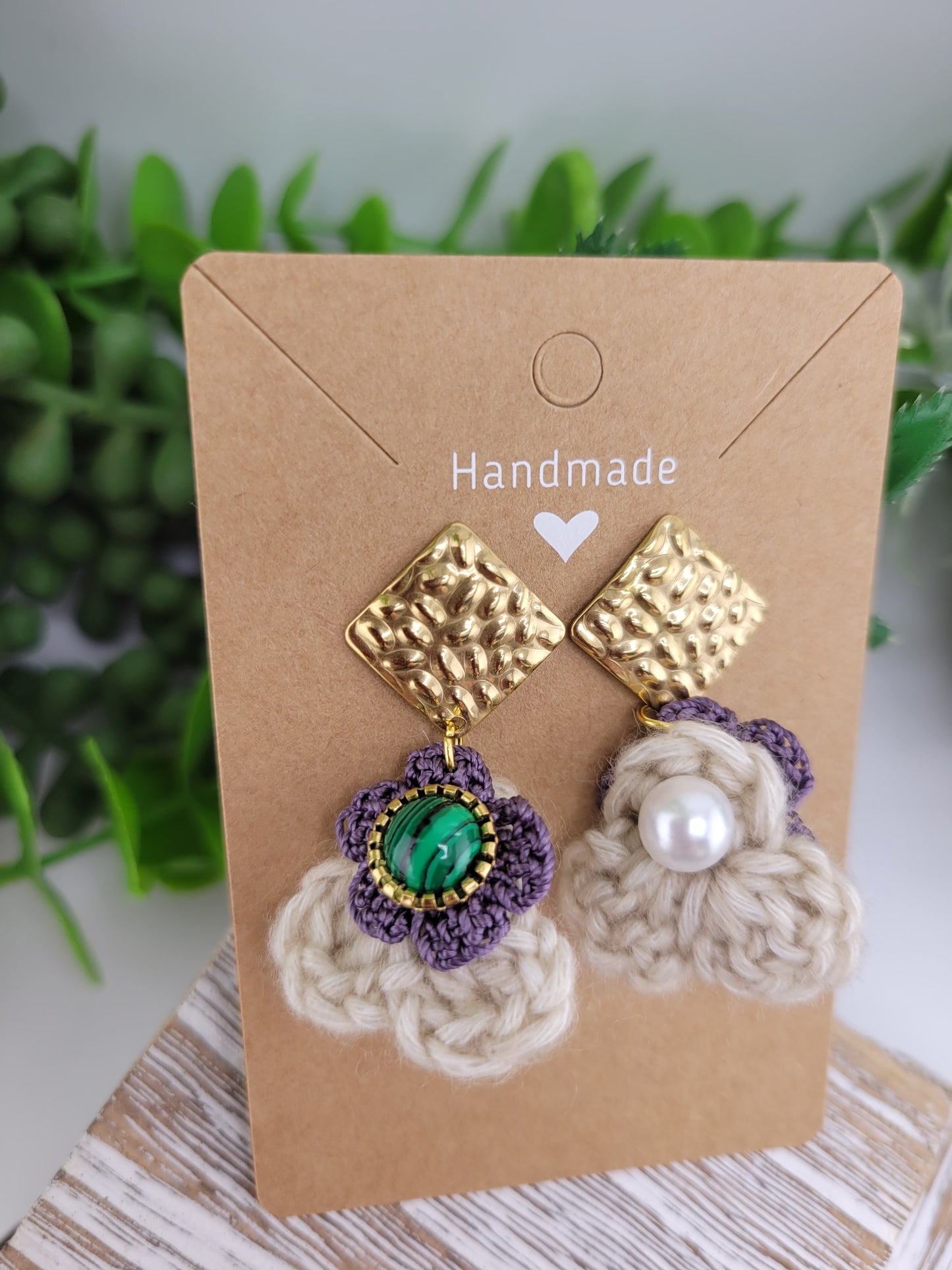 Handmade Bohemian-style Crochet Flower Earrings with a mixed colored stone center, attached to hammered 18k gold plated metal earring top