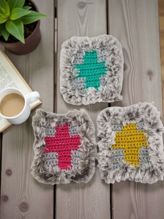 Fluffy Crochet Square Coaster, Set of Three