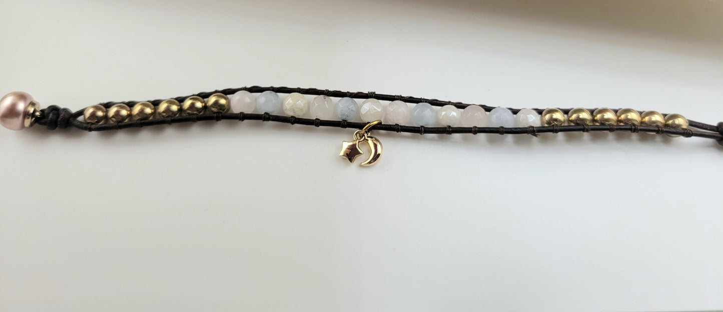 Gemstone Wrap Bracelet, handmade, Semi-Precious Stone Beads & Genuine Leather, 18k gold plated charm/ Chic Jewelry, Adjustable,  Gift for Him & Her