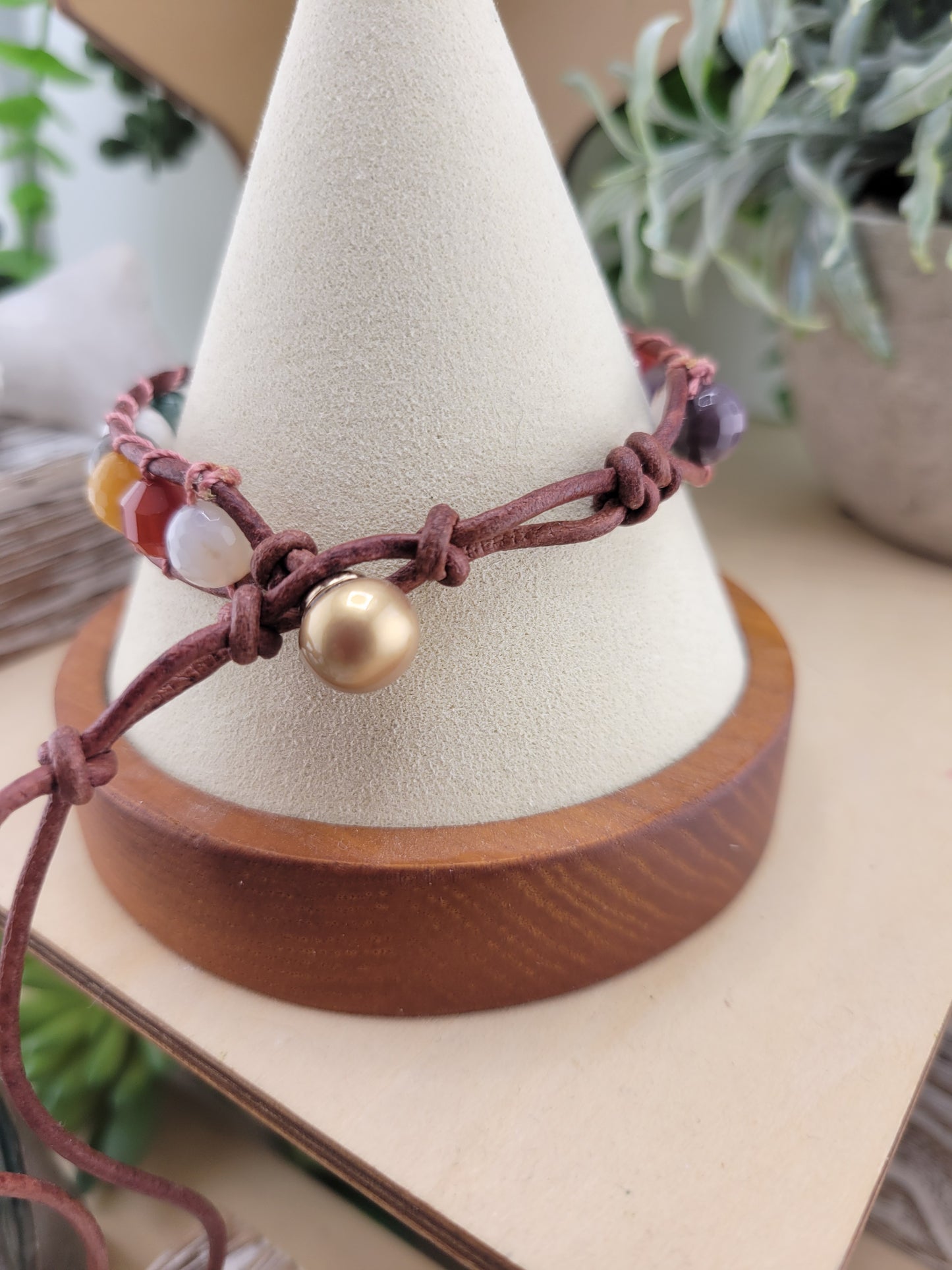 Gemstone Wrap Bracelet, handmade, Semi-Precious Stone Beads & Genuine Leather, 18k gold plated charm/ Chic Jewelry, Adjustable,  Gift for Him & Her