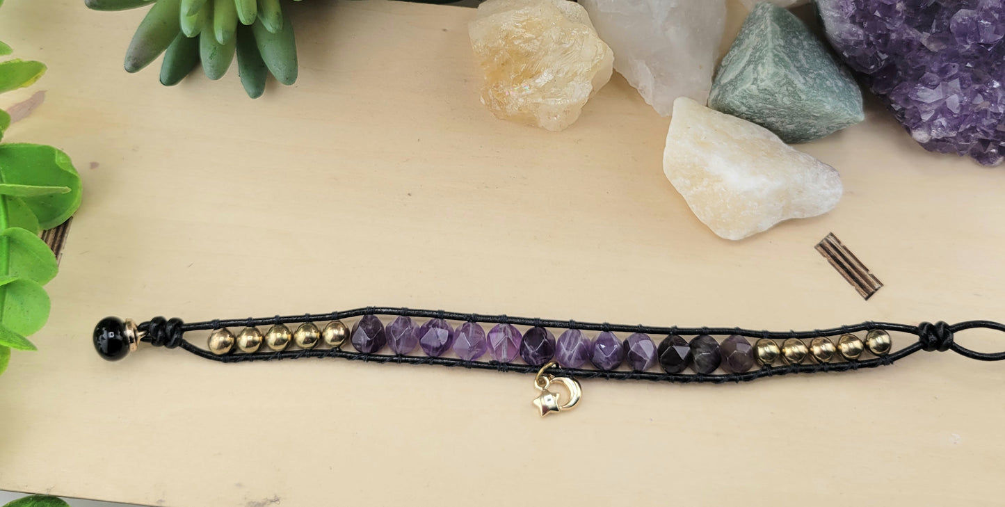 Gemstone Wrap Bracelet, handmade, Semi-Precious Stone Beads & Genuine Leather, 18k gold plated charm/ Chic Jewelry, Adjustable,  Gift for Him & Her