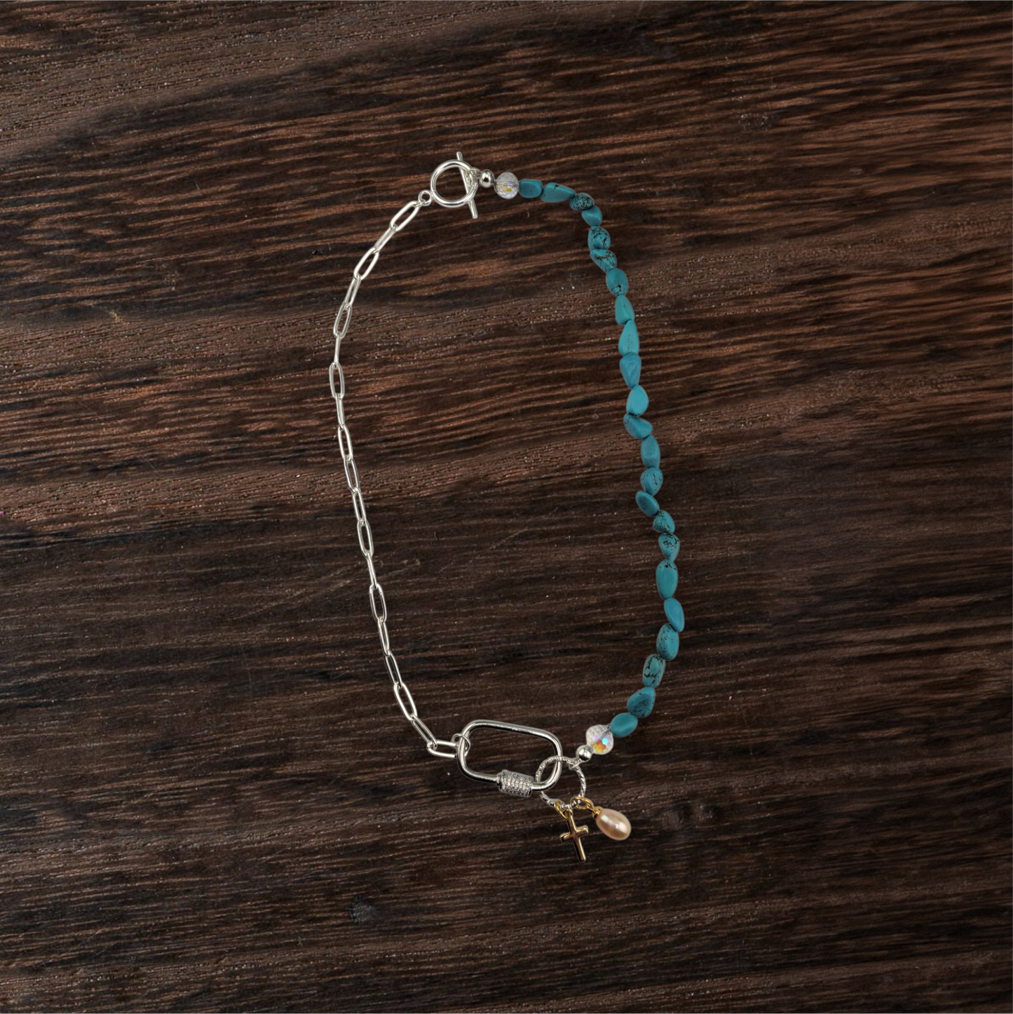 Half 18k Gold Plated Brass or Stainless Steel Silver Paperclip Chain Half Gemstone Necklace with Carabiner Clasp including two 18k gold plated brass Charms of your choice