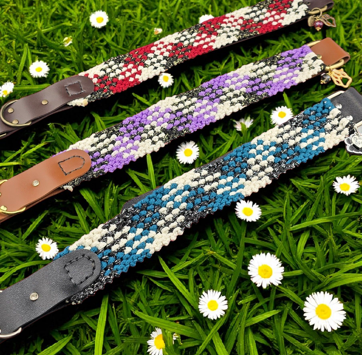 Designer Dog Collar, Unique Woven Dog Collar with Eco Leather, Plaid design,  Adjustable Large, 16" -19"(40.5-48cm) neck size, Wide variety of colors