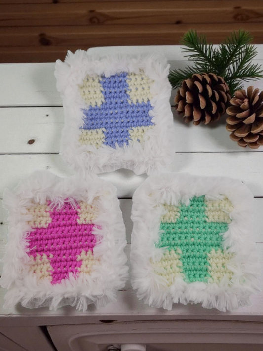 Fluffy Crochet Square Coaster, Set of Three