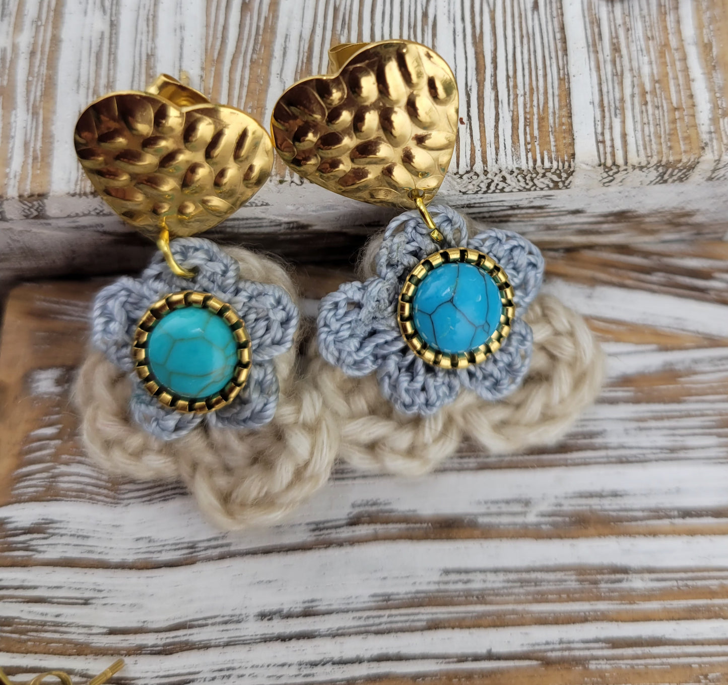 Handmade Bohemian-style Crochet Flower Earrings with a mixed colored stone center, attached to hammered 18k gold plated metal earring top